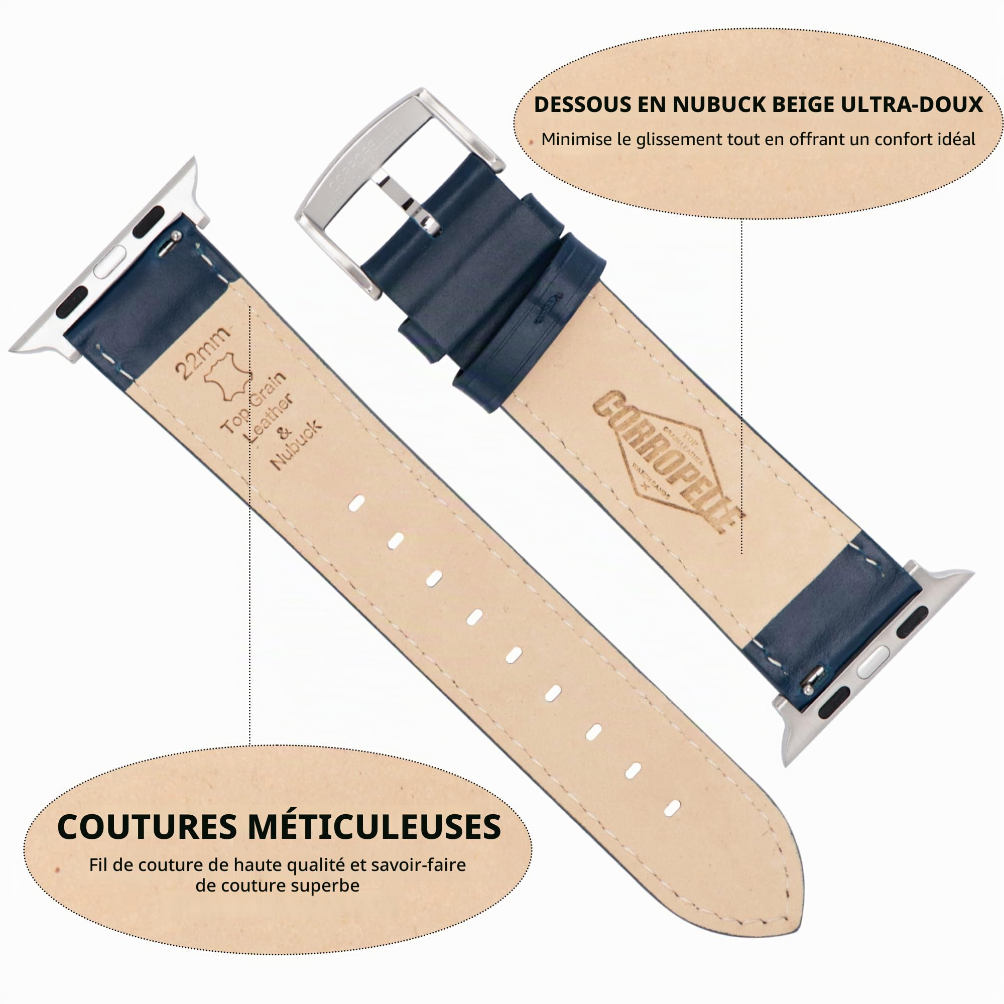 Bracelet Cuir Compatible avec Apple Watch 49mm 46mm 45mm 44mm 42mm 41mm 40mm 38mm, Bracelets Montre Cuir Véritable Remplacement pour iWatch Series 11 10 9 8 7 6 5 4 3 2 1 SE3/2/1 Ultra3/2/1