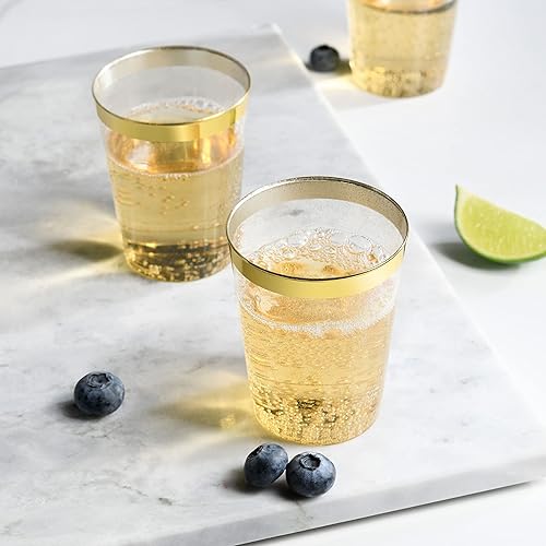 Miniatura 5 de CHATEAU FINE TABLEWARE 100 vasos de plástico dorados de 10 onzas vasos de plástico con purpurina dorada vasos con borde dorado elegantes vasos