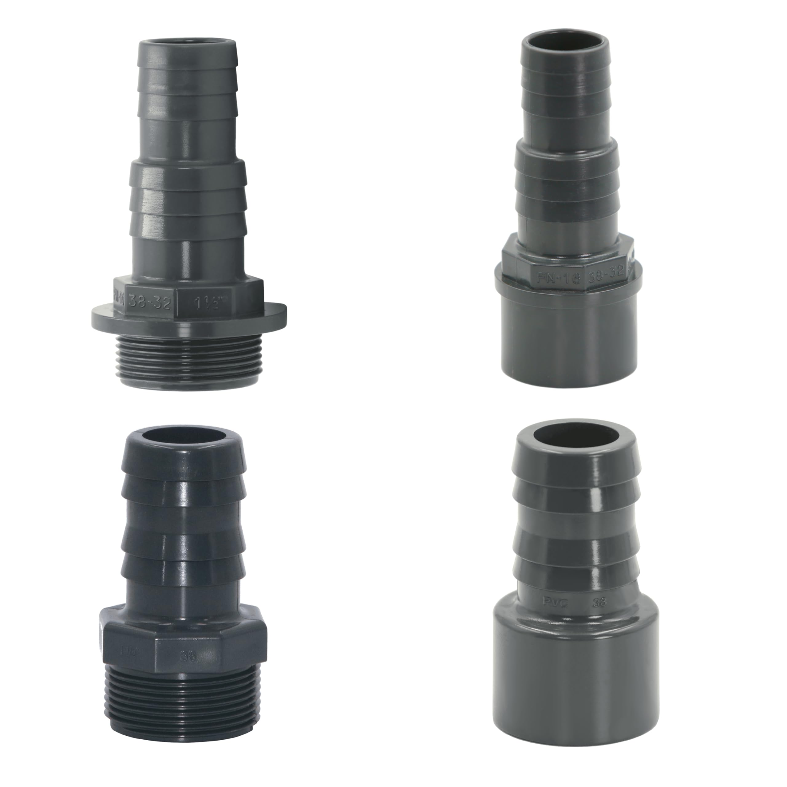 HAF 8X PVC Druckschlauchtülle mit 32mm 38mm x 1 1/2" | Schlauchtülle x Außengewinde | Schlauchverbinder aus grauem PVC-U | PN16 für Poolfitting, Pool, Schwimmbad, Poolverrohrung, Druckleitung