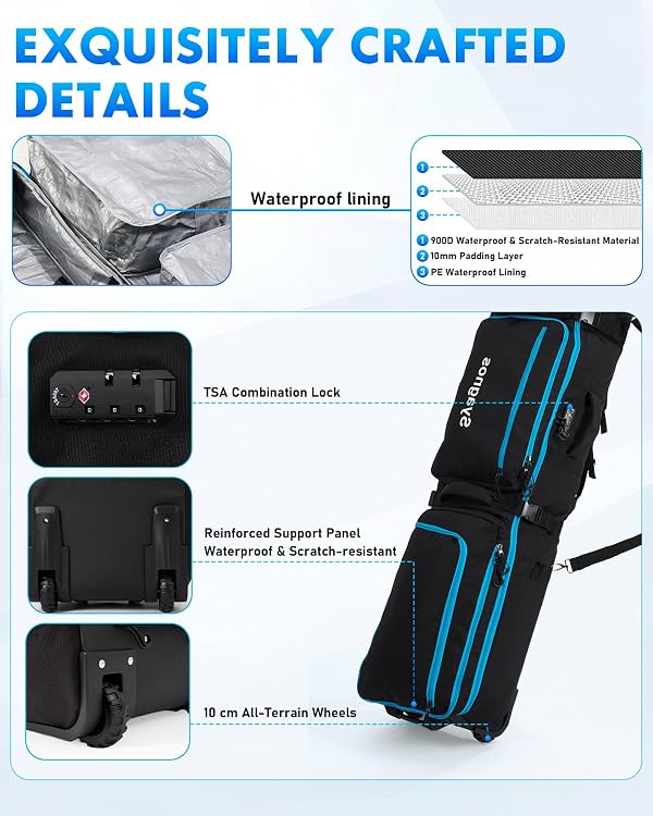 10mm Padded Snowboard Bag with Wheel,Extendable Ski Bag for Air Travel Length up to 190cm, All-Terrain 4" Wheels & TSA ,900D Waterproof ,6 Pockets,Rolling bag for US 13 Ski Boots,Helmet, Accessories by Syagnos - Image 3