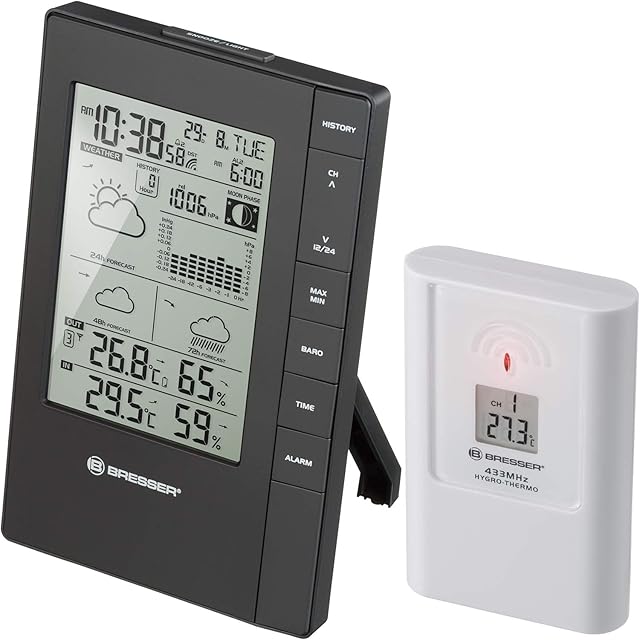 Bresser Bresser Wetterstation Funk mit Außensensor TemeoTrend FSX mit 3-Tages-Vorhersage, Mondphase, Frostwarnung, Luftdruck, Luftfeuchtigkeit, Temperatur und integriertem Wecker, schwarz — Wetterstationen
