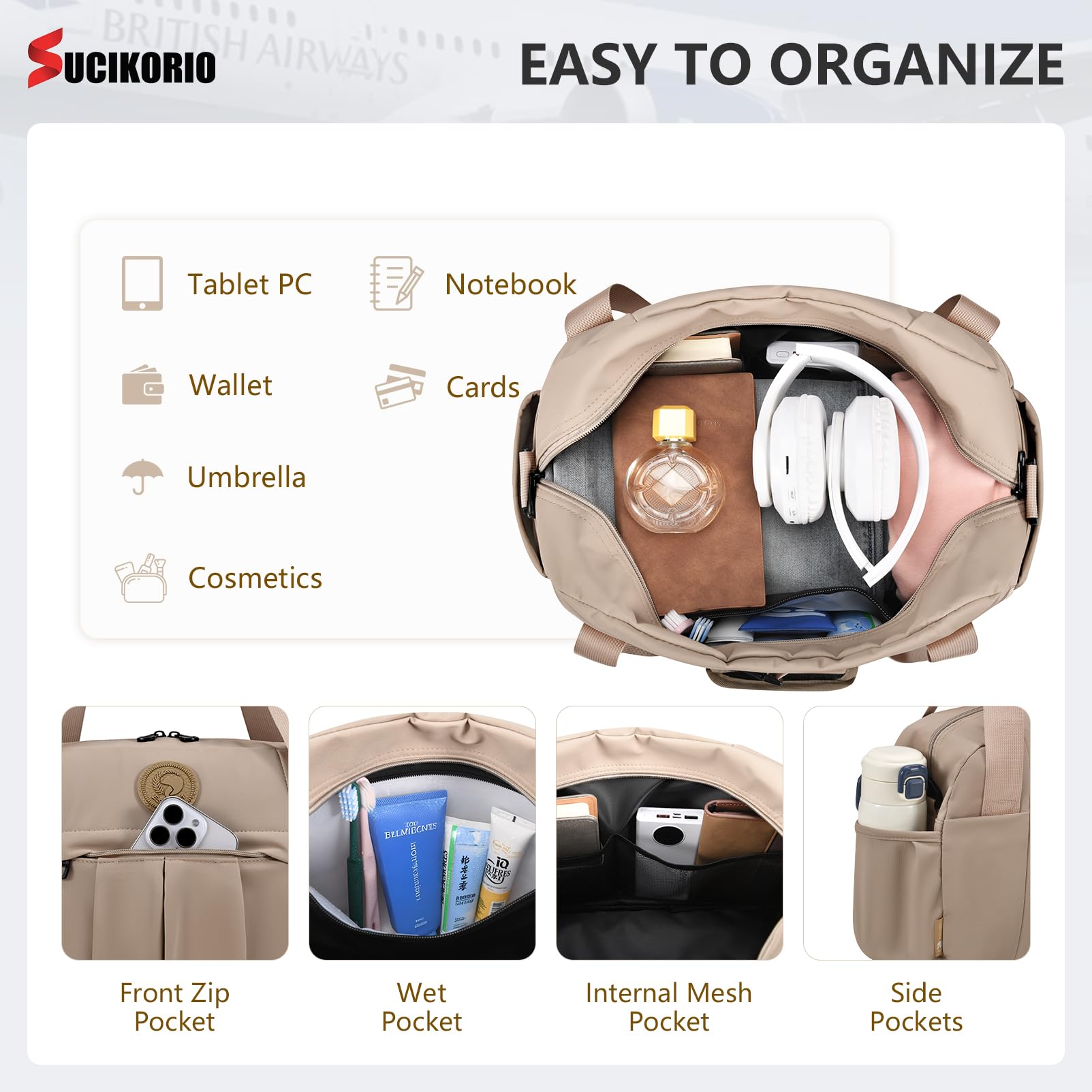 40x30x15cm British Airways Air France Jet 2 Handgepäck Tasche für Flugzeug, Wasserdicht Oxford Reisetasche Faltbar Cabin Bag 18L Carry On Luggage Weekender Damen Herren Mit Nasstasche