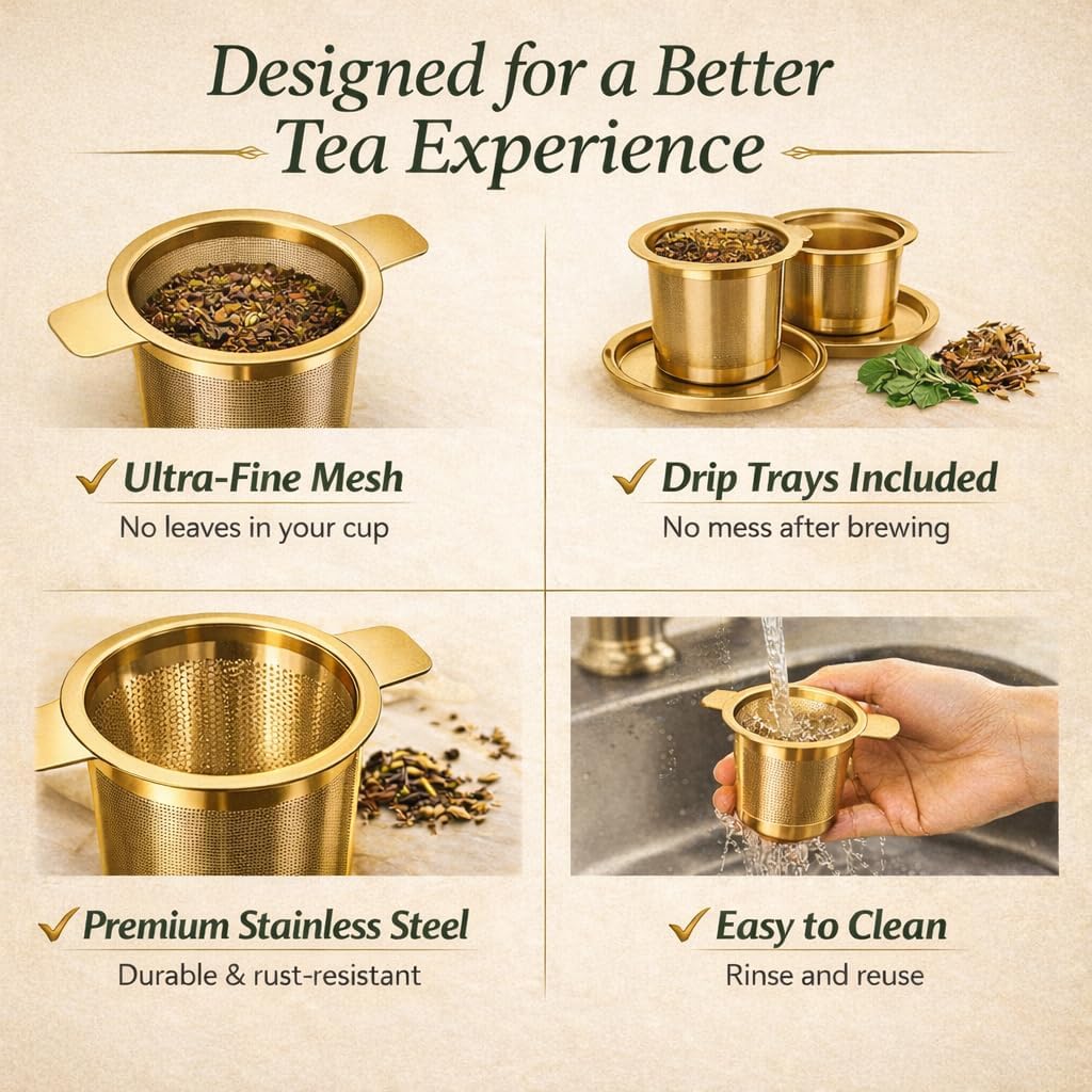 Tea Infuser Set (2 Pack) – Gold Stainless Steel Loose Leaf Tea Strainers with Drip Trays & Scoop – Gift Box for Tea Lovers