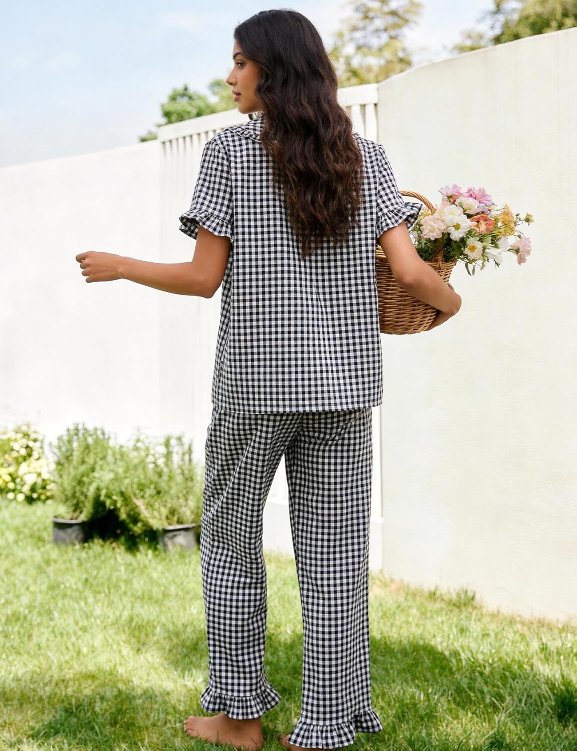 Flygo Gingham Pajama Sets for Women 2 Piece Lounge Set Button Down Cotton Babydoll Shirts Long Plaid Pants Y2K Pjs Sleepwear - Image 3