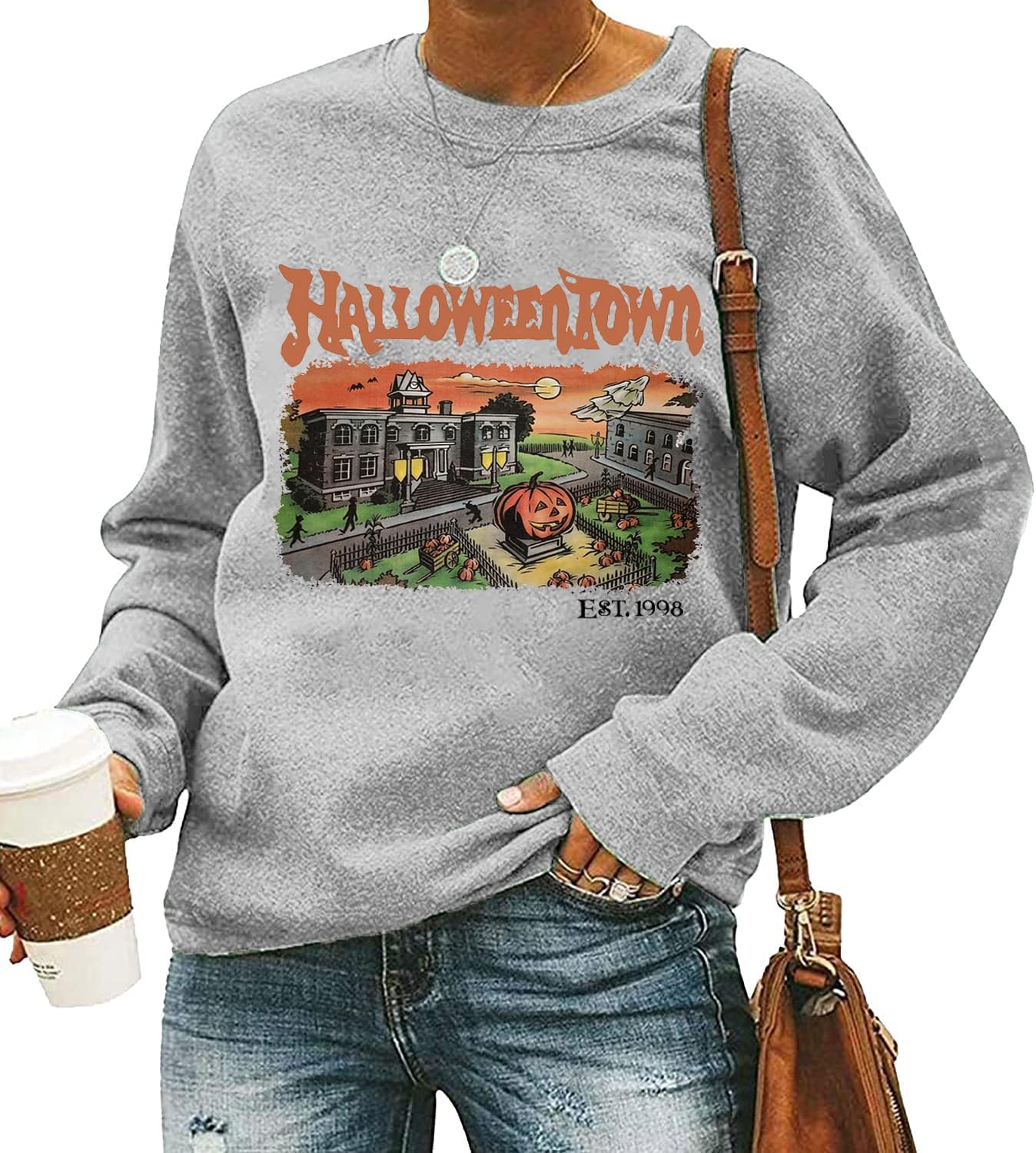QIANRUO Halloween Town Est 1998 Sweatshirt Women Halloween Horror Spooky Graphic Tees Casual Fall Long Sleeve Pullover Tops - Image 2