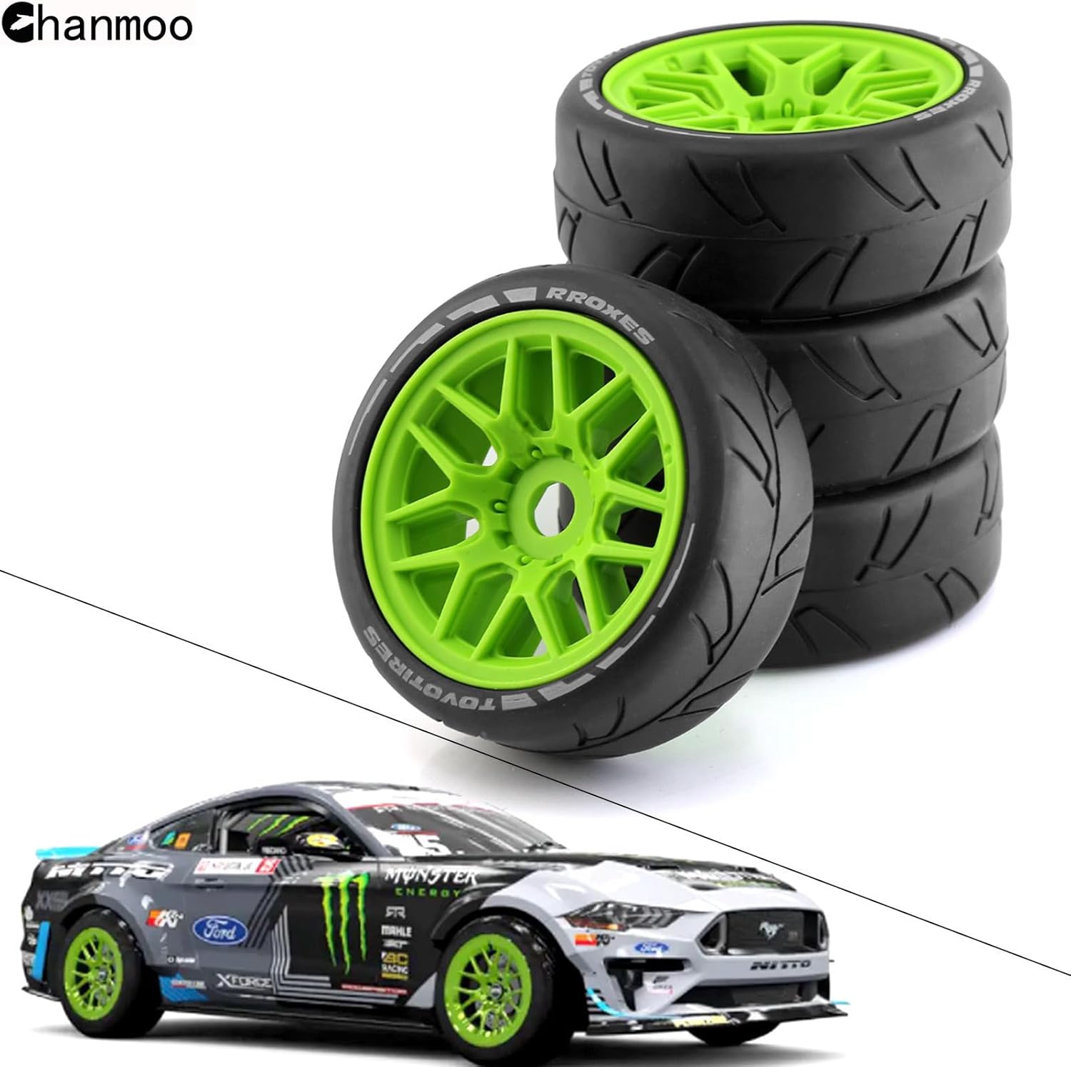 1/8 RC On Road Car Tires and Wheels Rims 17mm Hex 103mm Rubber Rally Tyres for 1:8 Scale RC On-Road Racing Car HPI WR8 HSP Hobao ARRMA Redcat Losi Kyosho VRX RC Rally Drift Car 4PCS (Green)