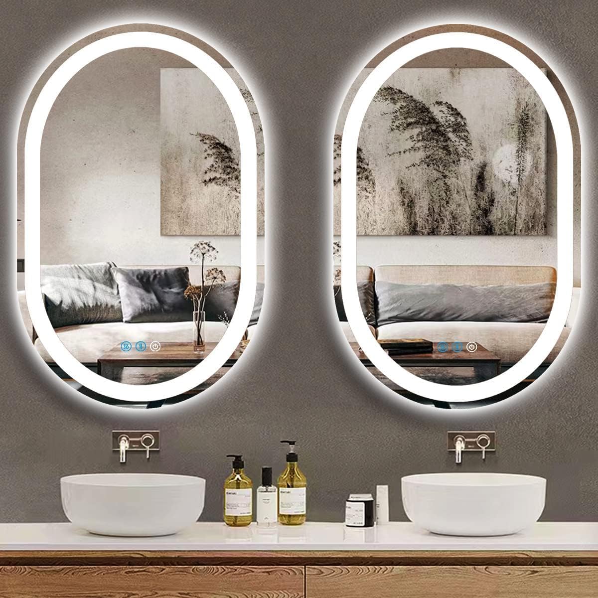 THEKLA 24 x 36 Inch Oval Lighted Vanity Mirror for Bathroom Wall Mounted Horizontal/Vertical 36 LED Oval Mirror with Lights 3 Color Dimmable Front LED Anti-Fog 36 inch Ovals Smart Lightup Mirrors