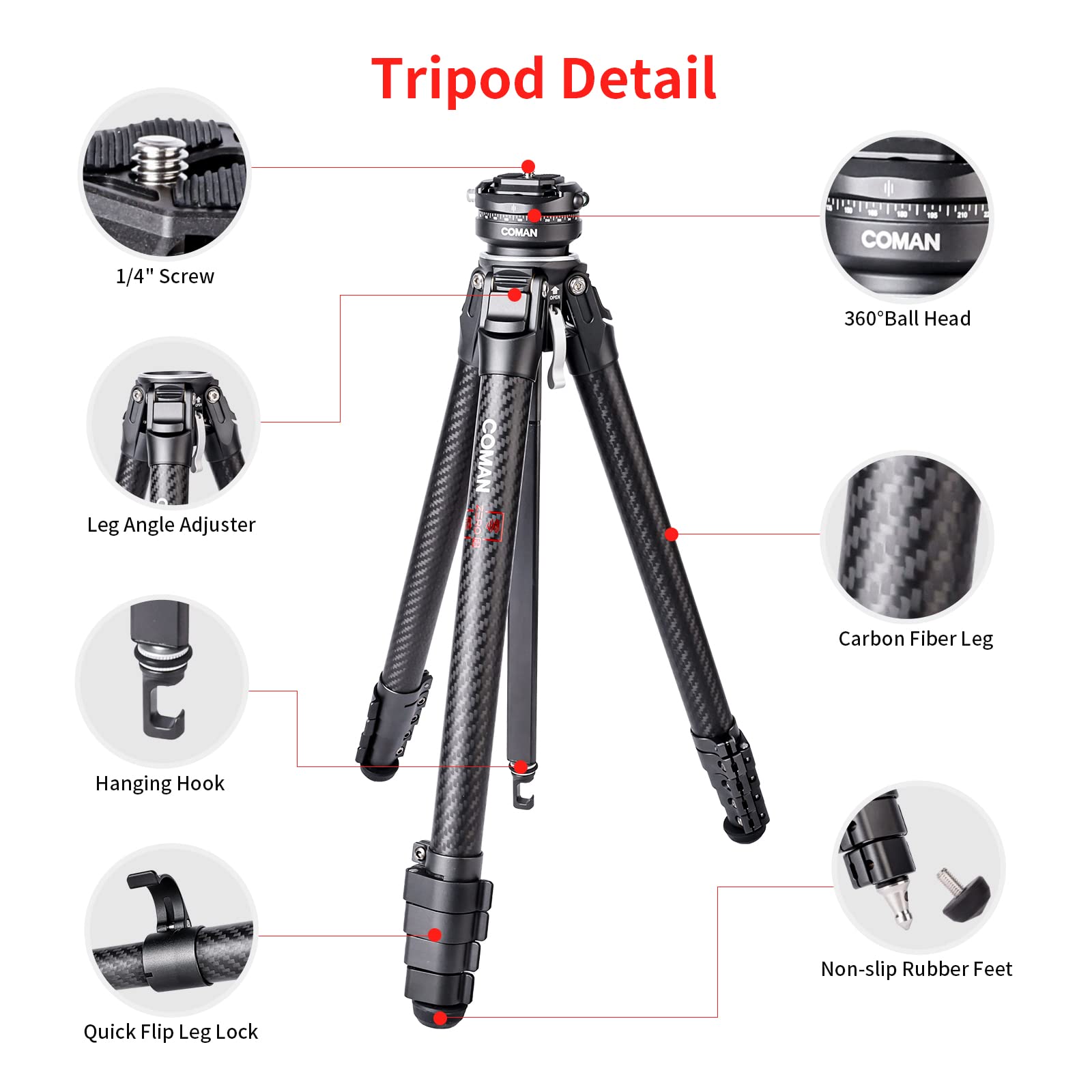 COMAN Zero F38 Professional Carbon Fiber Tripod, black - Image 4