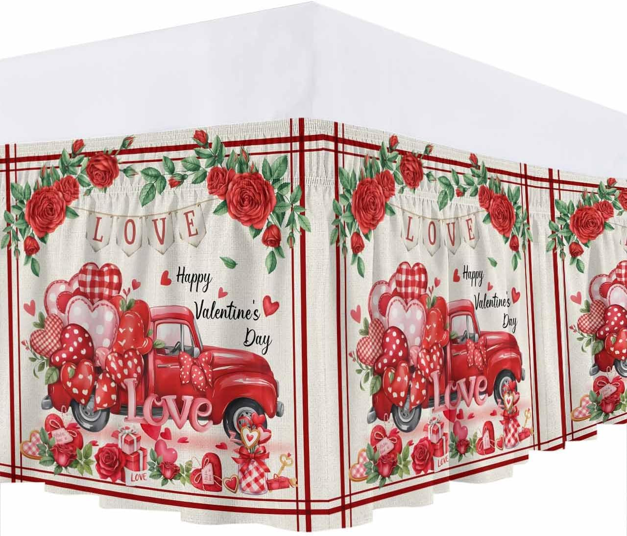 Burlap Valentine's Bed Skirt Cal King Size 16 Inch Drop,Adjustable & Elastic Wrap Around Bed Skirts Pleated Luxury Dust Ruffles for Twin Full Queen Cal King Bed,Farmhouse Red Truck Rose Bohemia Dots