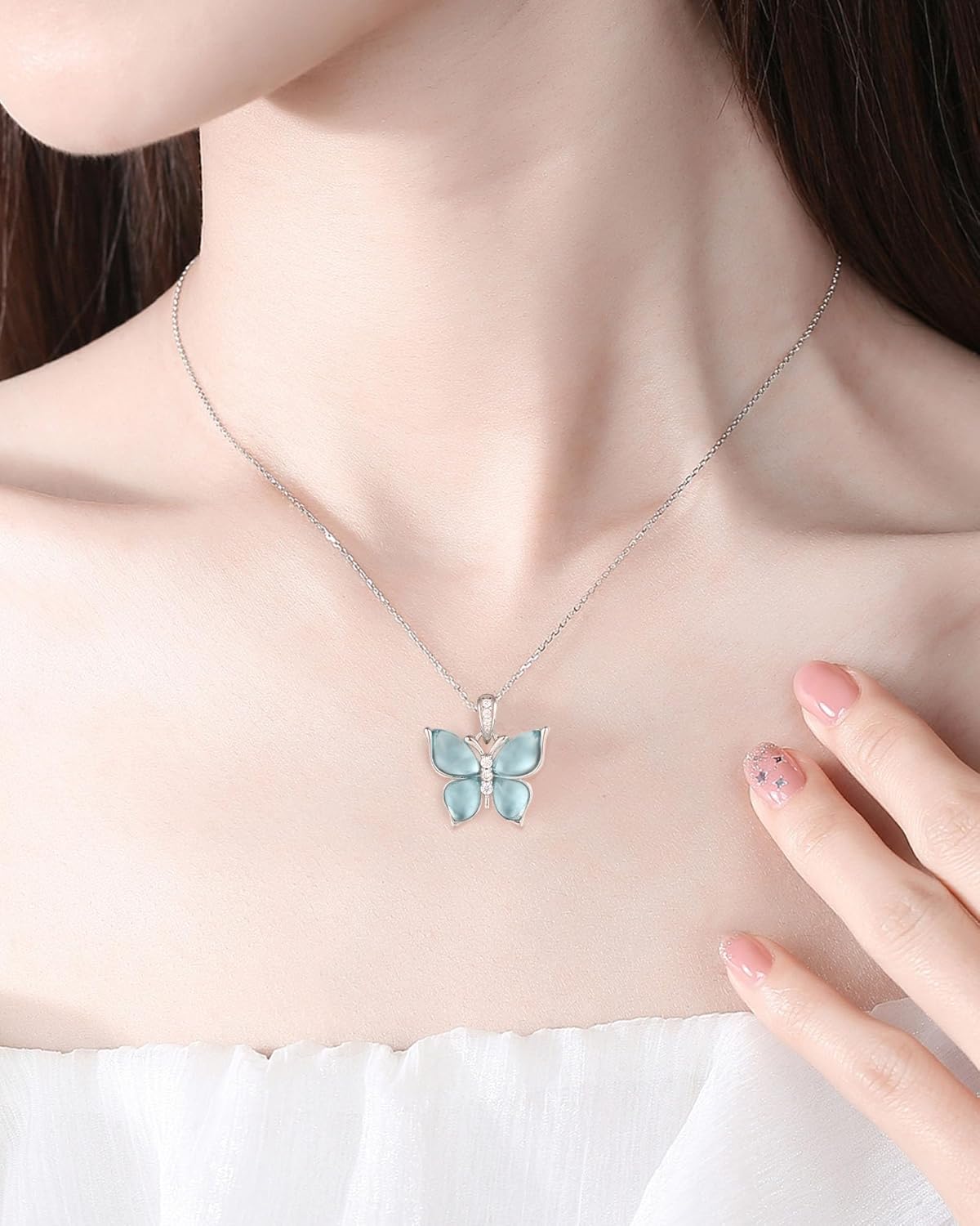 925-Sterling-Silver Clear-Crystal Butterfly Necklace for Women - White Gold Plated Blue Butterflies Pendant Necklaces Jewelry Birthday Gift for Teen Girls - Image 3