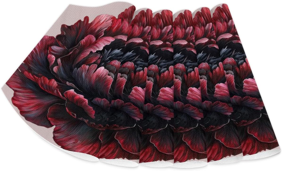 Vintage Peony Flower Wedge Placemats Set of 6pcs PVC Washable Wedge Place mats Round Table mat Wipeable Plastic Dining Table mats for Kitchen Indoor Outdoor Patio Table Decor