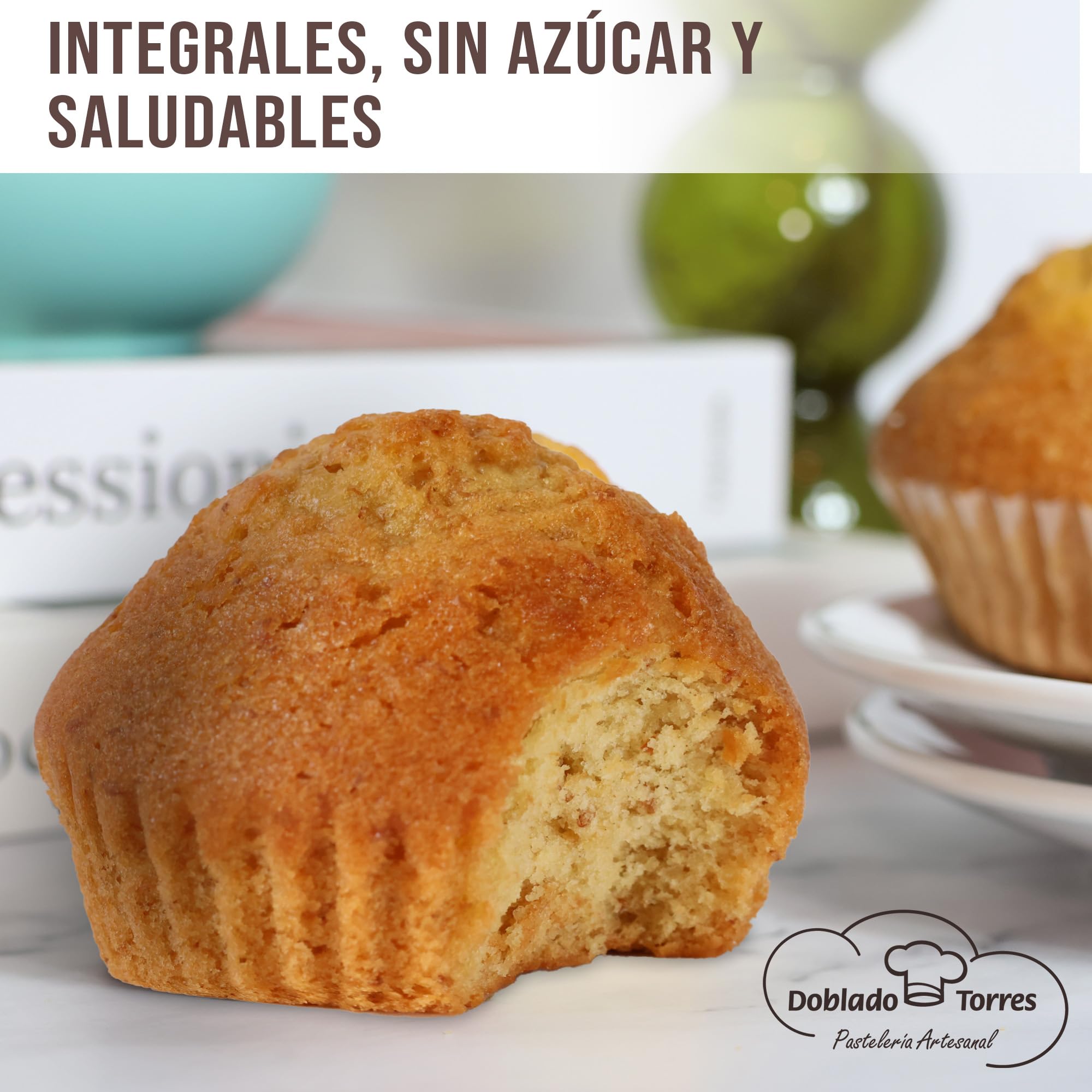 Doblado Torres Magdalenas Integral Sin Azúcar - Magdalenas Caseras con Huevos Frescos. Bollería Sin Azúcar. Ideal para un Desayuno Saludable. Envasadas Individualmente 24 unidades