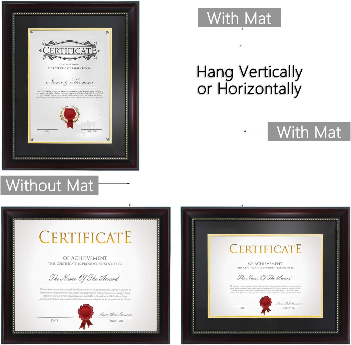 GreyBL 11x14 Diploma Frame - Displays 8.5x11 Certificate with Mat or 11x14 without - Mahogany Look Gold Trim - Double Matted - Great for Degrees - No Glass Strong Shatterproof HD Acrylic -