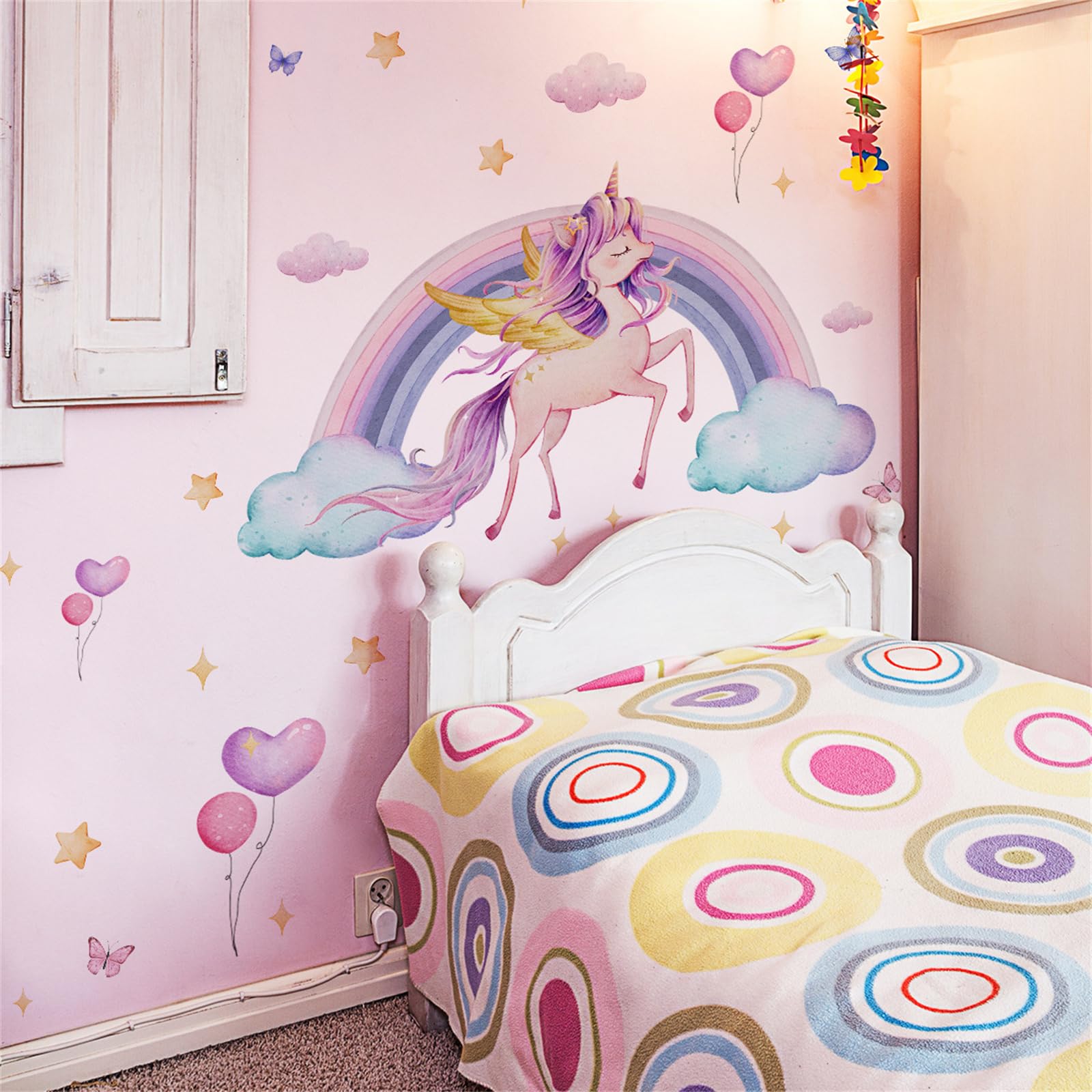 Unicorn Wall Stickers for Girls Bedroom, Peel and Stick Rainbow Unicorn Wall Decals with Hearts & Stars - Image 3