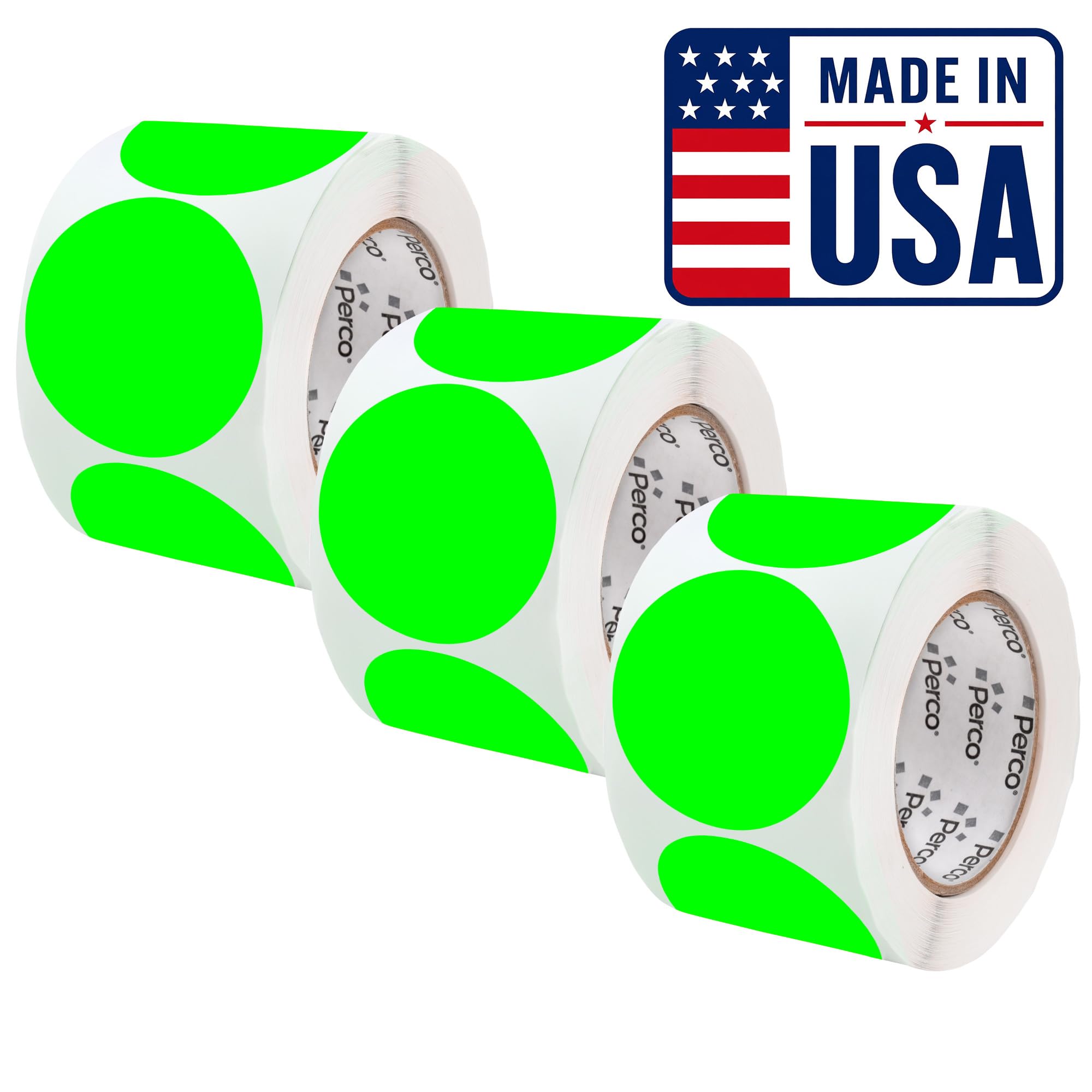 Perco Neon Green Perforated Round Circle Dot Sticker 4-Inch Labels — 3 Rolls, 1,200 Stickers - Open, Available &amp; Promo Signage, High Visibility Display Labels - Made in USA
