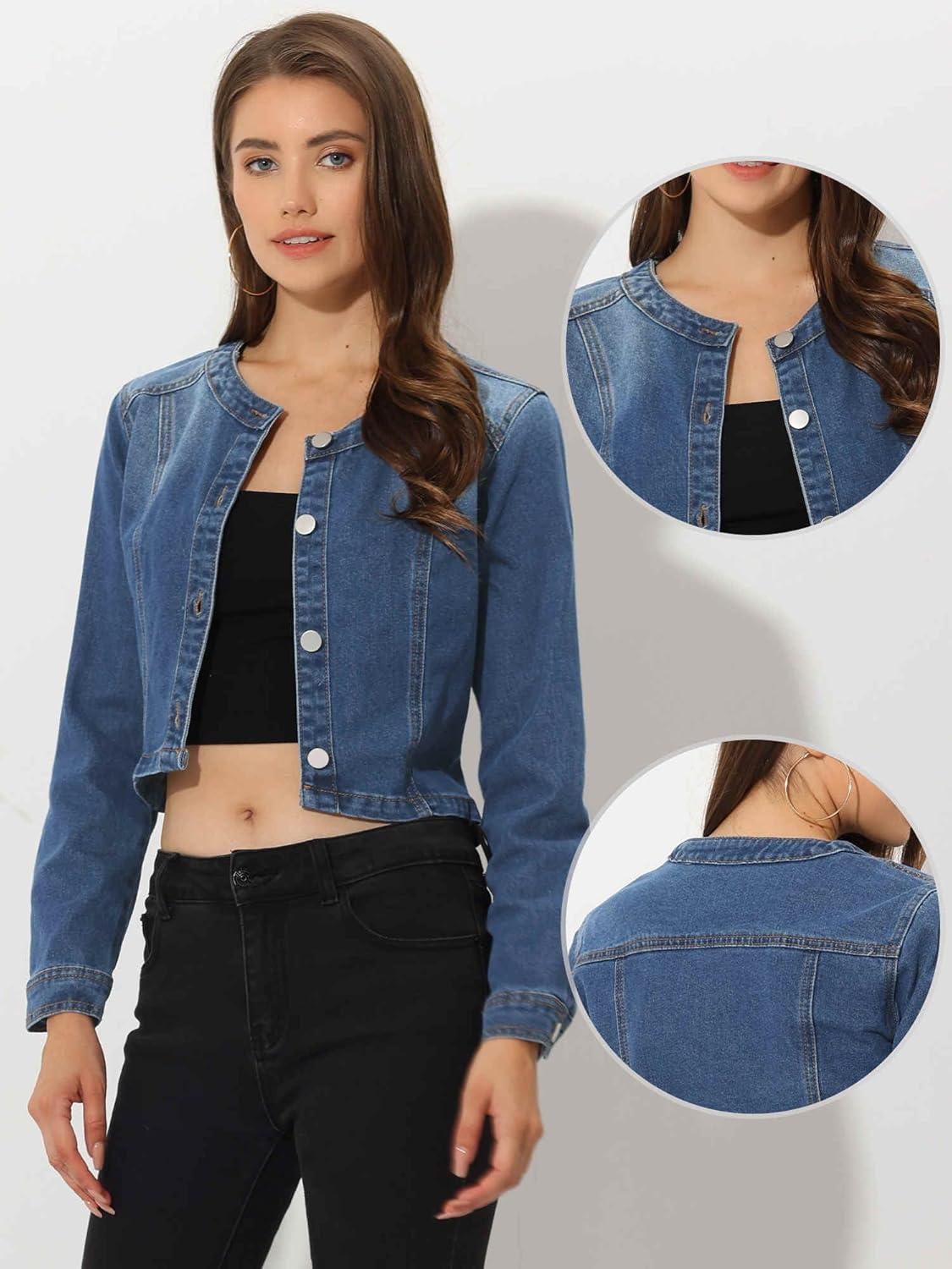 Allegra K Denim Jacket for Women's Collarless Button Down Crop Jean Jackets - Image 4