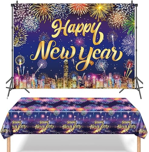 XCKALI Coloridos fuegos artificiales Feliz Año Nuevo telón de fondo y mantel Hello 2025 Año Nuevo Banner y manteles de mesa fuegos artificiales Decoración de fiesta de Año Nuevo