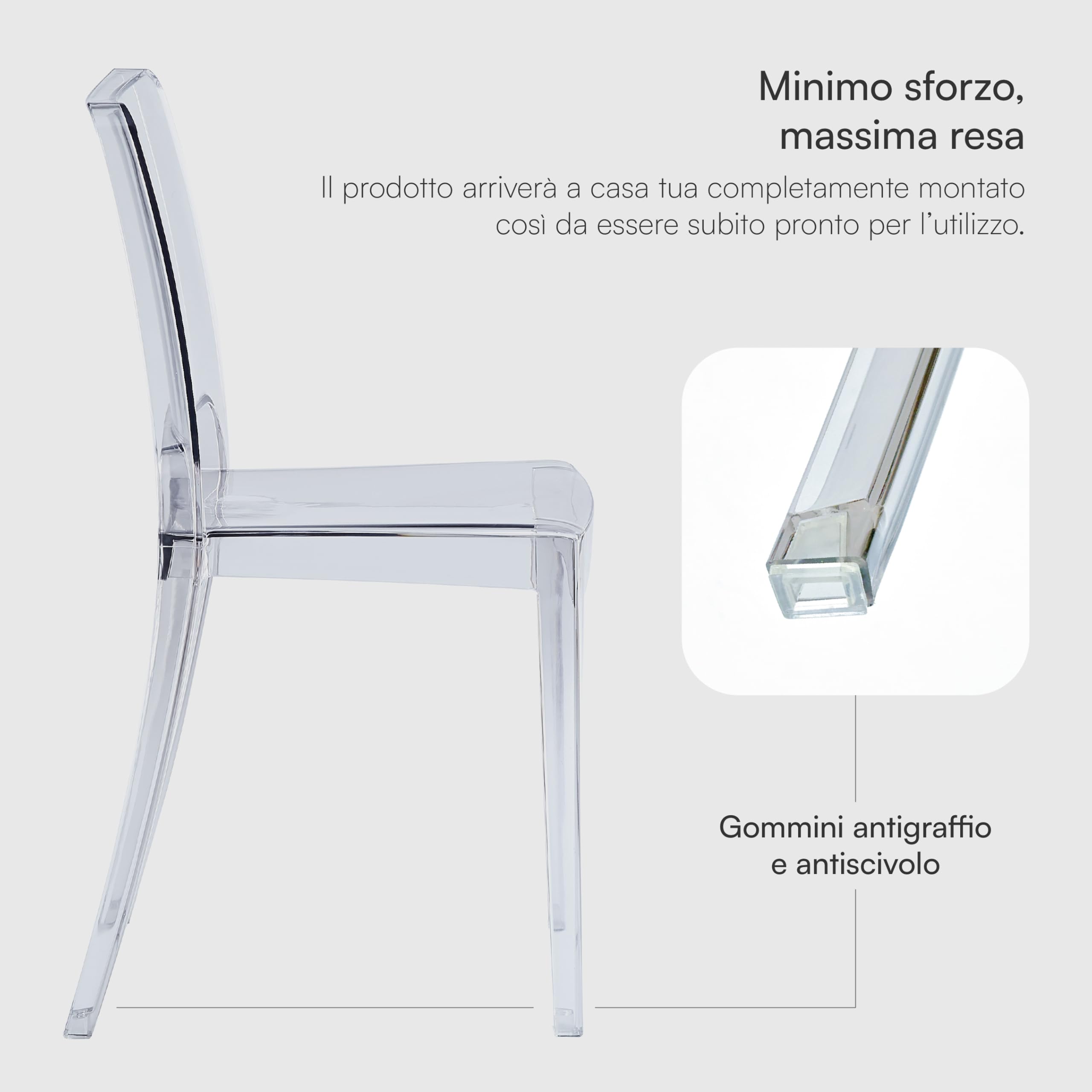 Baroni Home Set 4 Sedie Trasparenti, Sedie Impilabili Moderne, Leggere e Resistenti, Gommini Antiscivolo, Sala da Pranzo, 34,5x48,5x85 cm, Trasparente