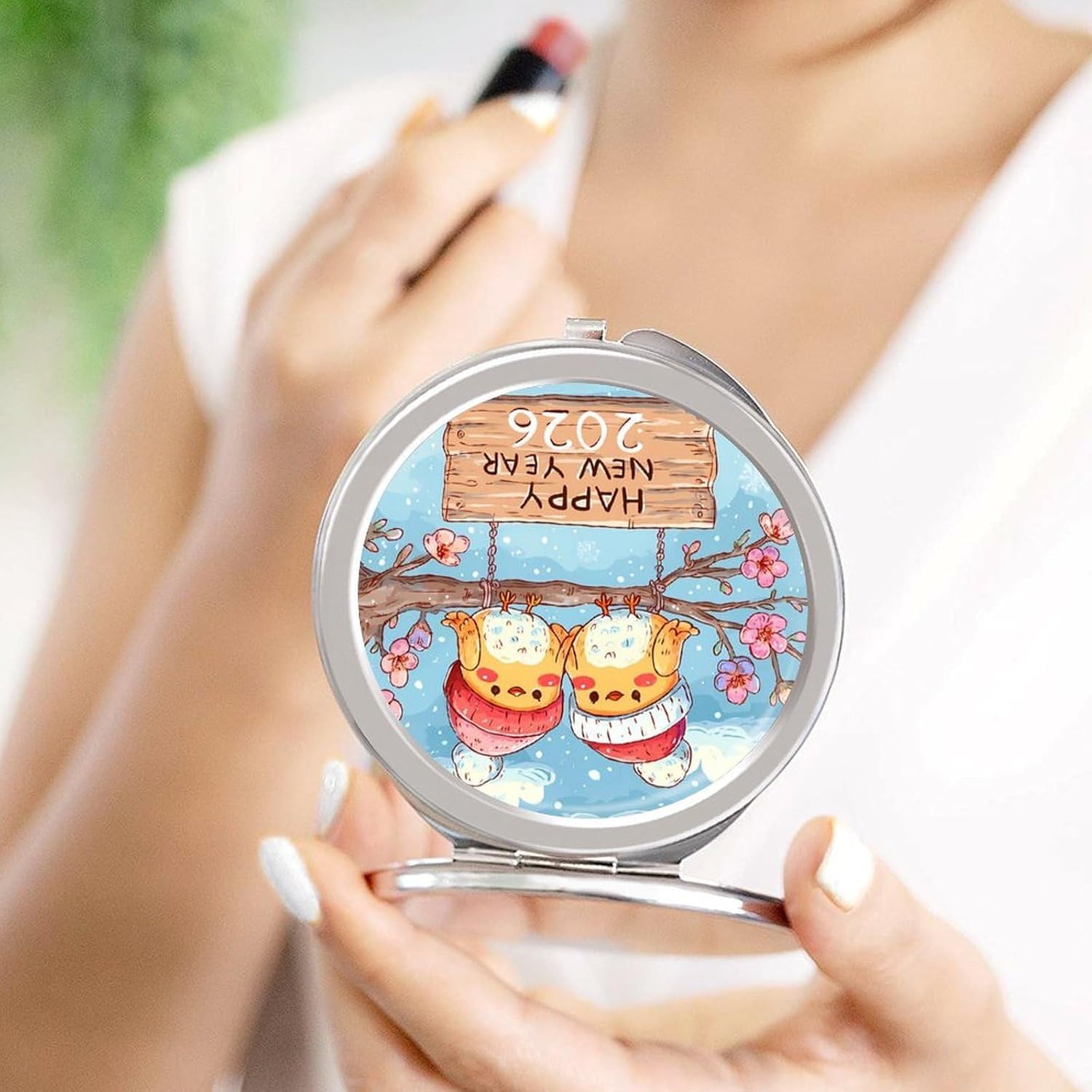 2026 New Year Birds Compact Makeup Mirror 1X/2X Magnifying Travel Mini Pocket Hand Mirror image 4