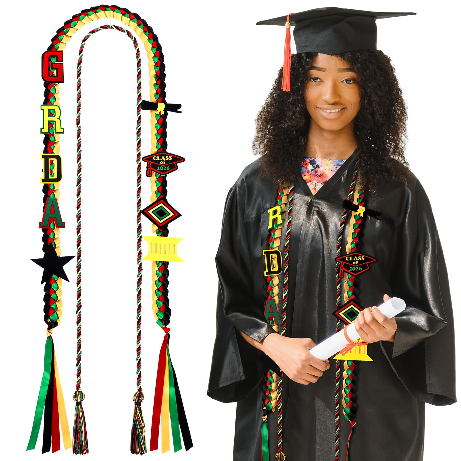 SmoothNovelty 2 Pcs Graduation Stole Class of 2026 Kente Leis and Honor Cords Authentic African Art with Felt 2026 Grad Embroidery Patches for School