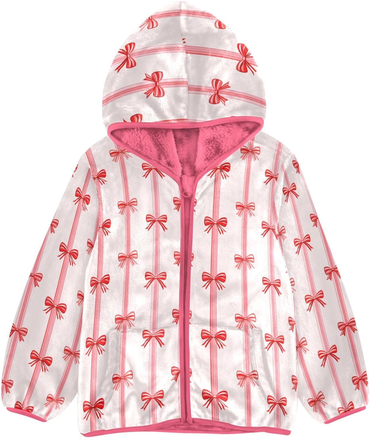 Girls Hoodie Outfit Pink Bow Strip Pattern Zipper Sweatshirt Coat Fleece Jacket for Kids 3-10T
