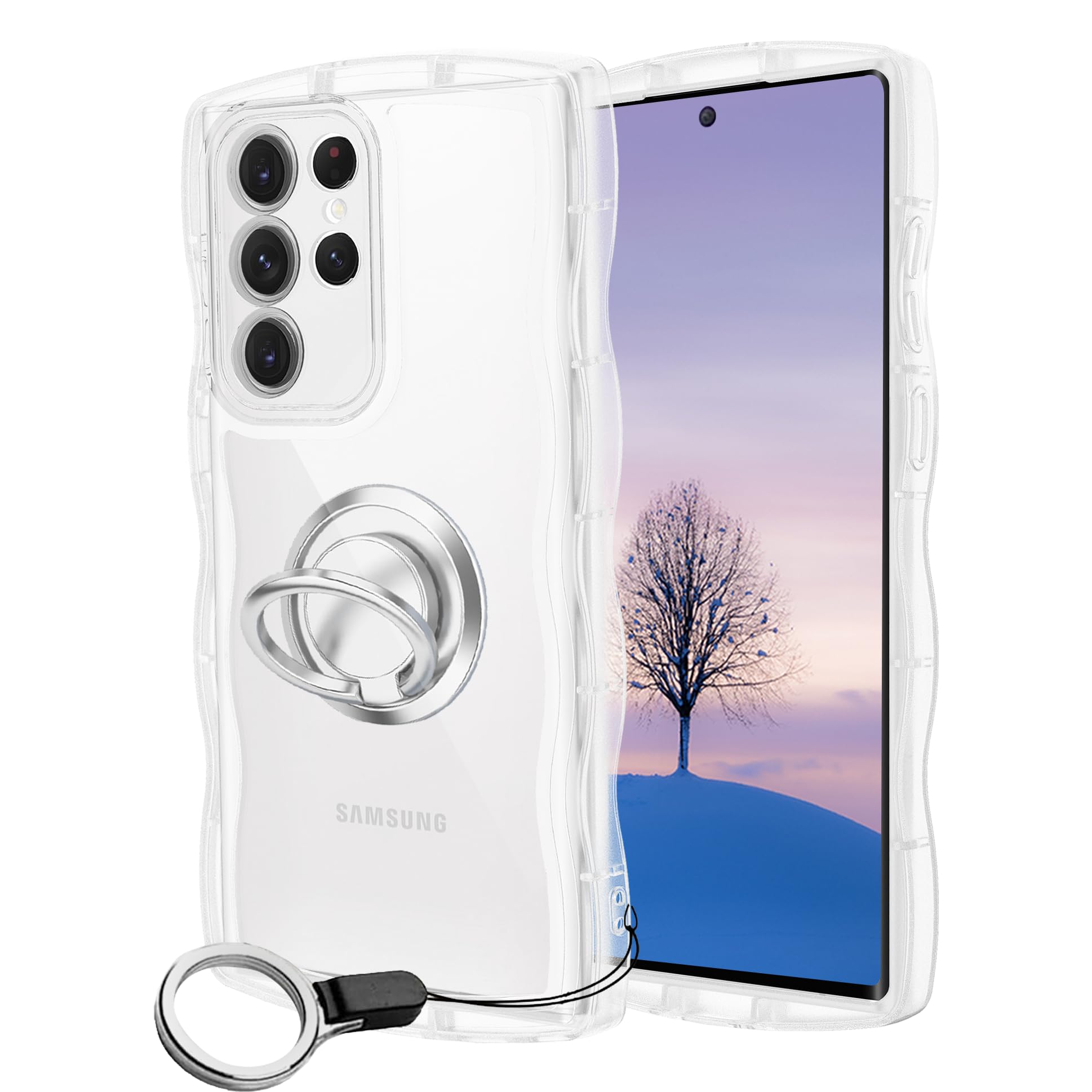 Galaxy S22 Ultra ケース クリア ウェーブ リング付き TPU波状のバンパー 透明 スマホケース かわいい うねうね ギャラクシー S22 Ultra ウェーブ デザイン 可愛い 韓国 女性用 薄型 人気 おしゃれ 耐衝撃 ストラップホール付き(クリア)