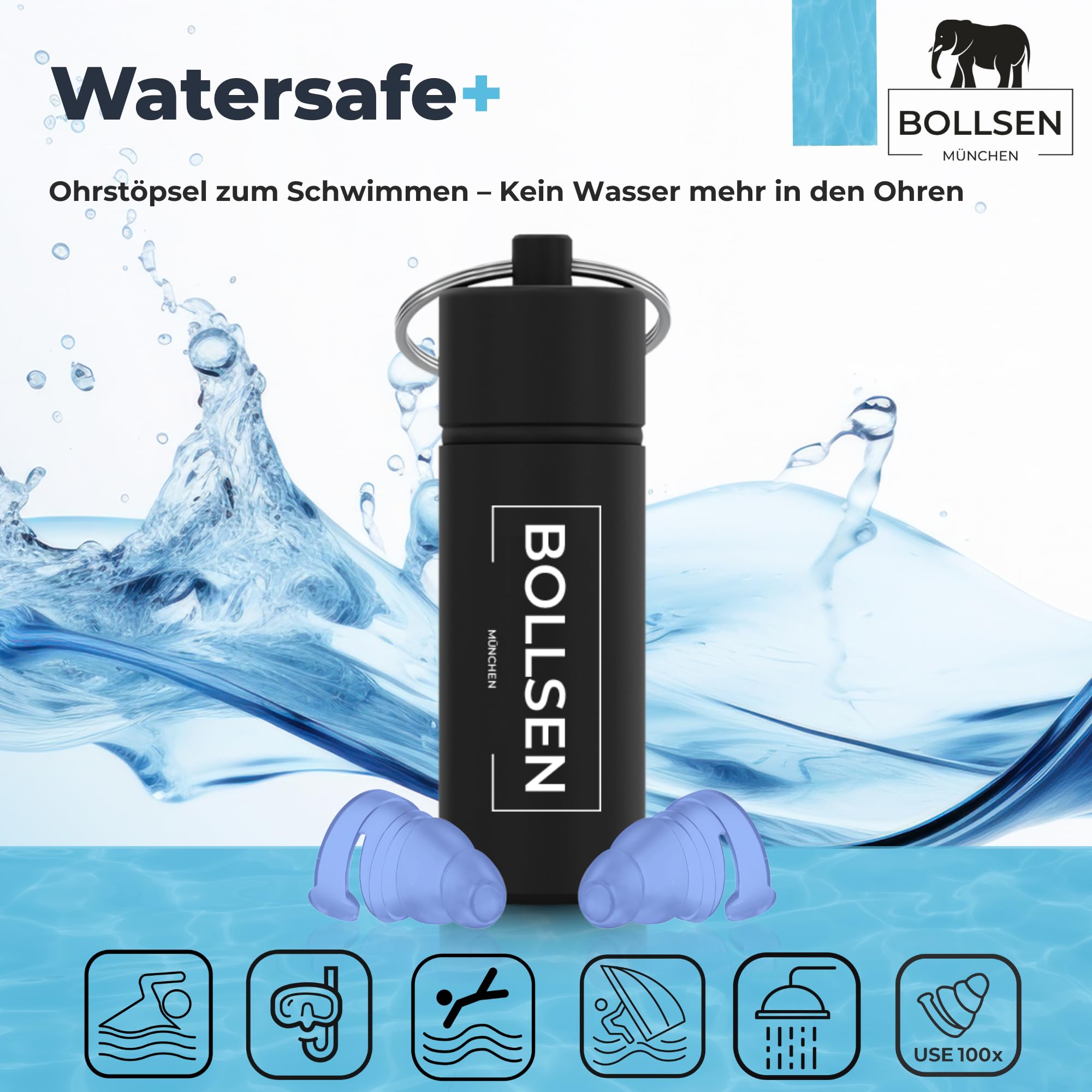 BOLLSEN Watersafe+ Schwimm Ohrstöpsel für Erwachsene – Wiederverwendbare Silikon Ohrstöpsel für Dusche, Bad, Schwimm & Wassersport – Wasserdicht mit 24 dB Lärmminderung (1)