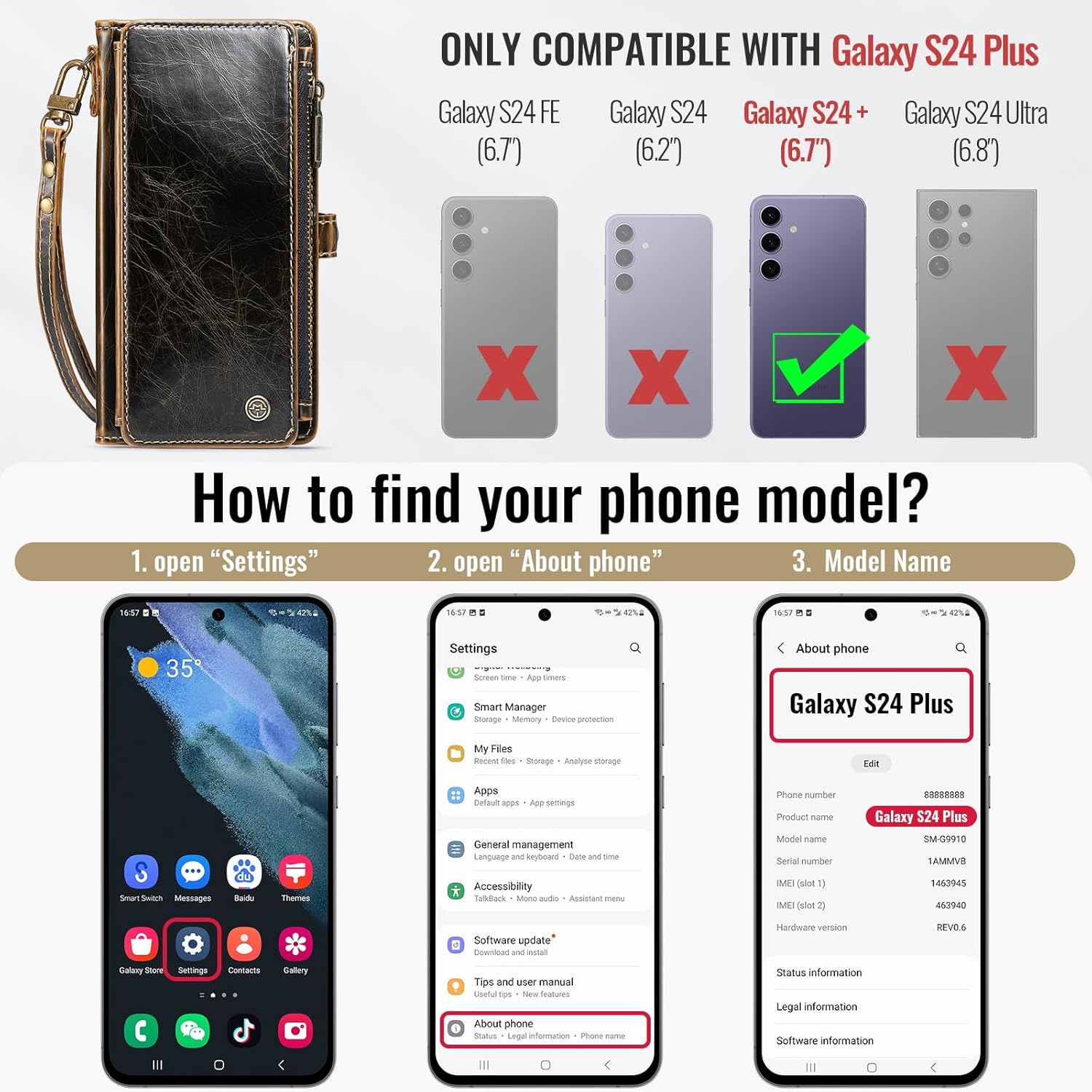 Defencase Compatible with Samsung Galaxy S24 Plus Case Wallet with RFID Blocking Card Holder for Women, PU Leather Magnetic Snap Flip Zipper Strap Phone Case Fit for Galaxy S24 Plus 5G 6.7", Coffee