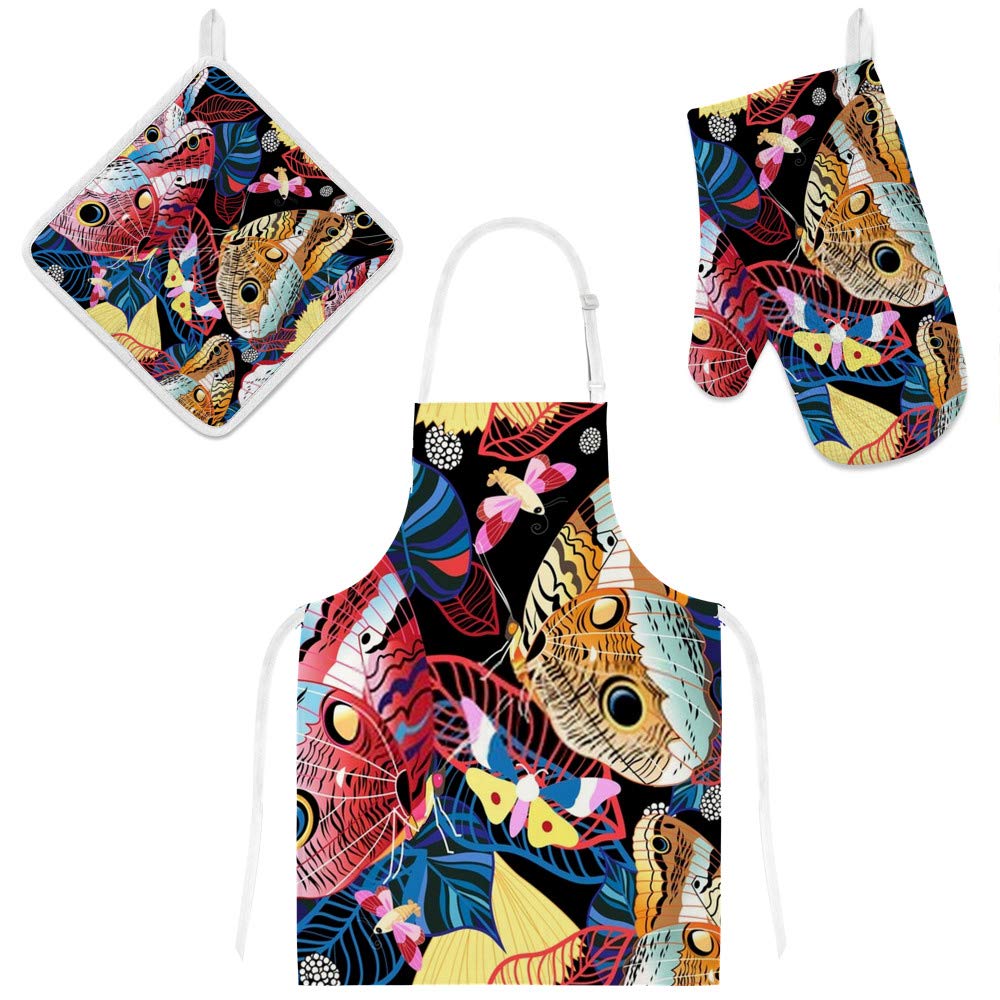 Tablier de cuisine anti-taches et gants de four isolants papillons pour cuisiner sans brûlure