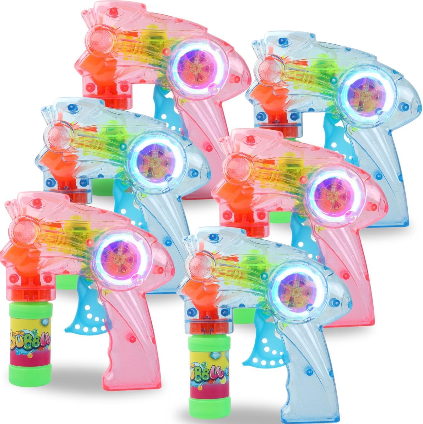 6 PCS Wind Up Bubble Guns for Kids, Light Up LED Bubble Shooters, Bubble Blowers with Bottle Solutions Included - Bulk Indoor Outdoor Toys Party Favors Gifts - No Batteries Required