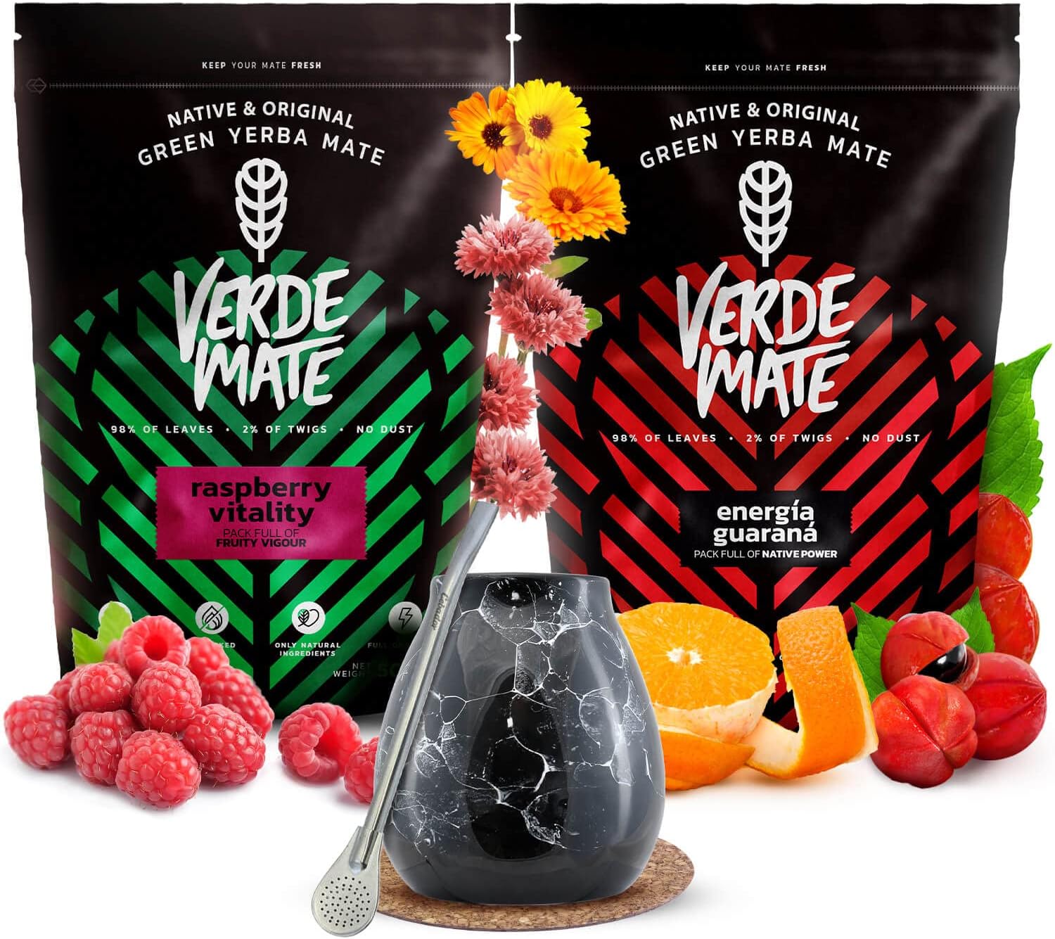 Green Energia Guarana, Raspberry Vitality 2x500g - Yerba Mate Set with Calabash and Bombilla, Mate Tea with Guarana and Fruits, Brazilian