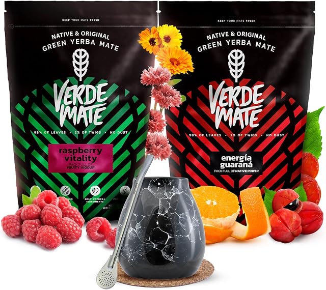 Stimulating yerba mate set with calabash | Yerba mate with guarana and fruits | Verde Mate Green Energia Guarana, Raspberry Vitality | Yerba mate tea | Natural caffeine | 2x500g