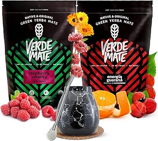 Green Energia Guarana, Raspberry Vitality 2x500g - Yerba Mate Set with Calabash and Bombilla, Mate Tea with Guarana and Fruits, Brazilian