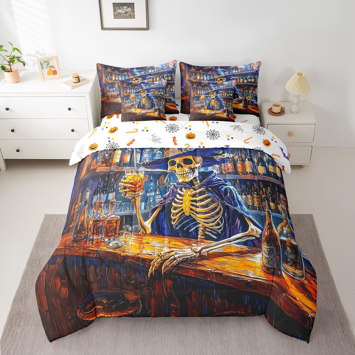 Cowboy Skeleton 7Pcs Comforter Set Queen Size,Western Cowboy Style Bedding Set for Kids Boys Teens Men Room Decor,Vintage Bar House Fitted Flat Sheet Rustic Brown Bed in a Bag,2 Pillowcases