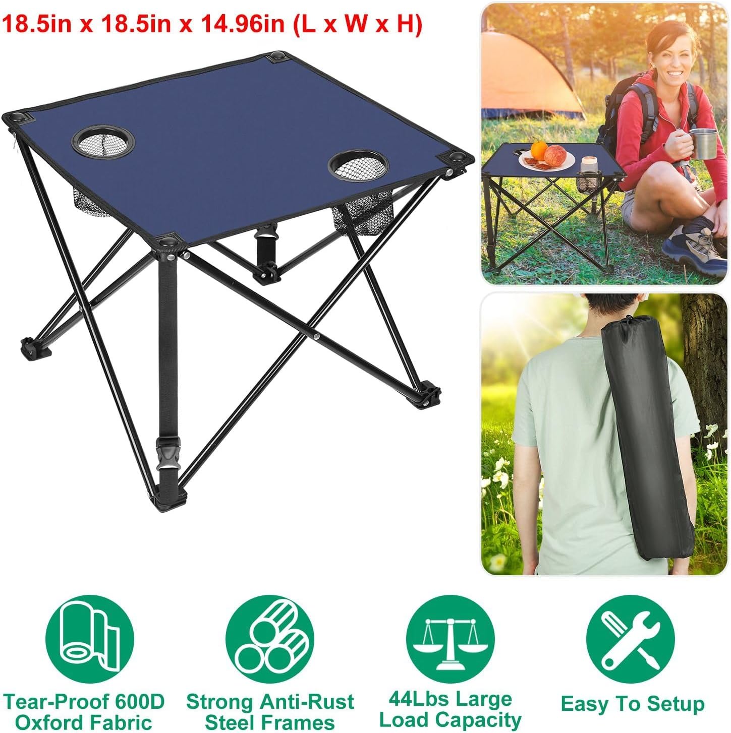Foldable Camping Table, Portable Picnic Table with 2 Cup Holders & Carrying Bag, Lightweight Outdoor Desk for Camping, Picnic, Travel, Beach, Tailgate and Backyard