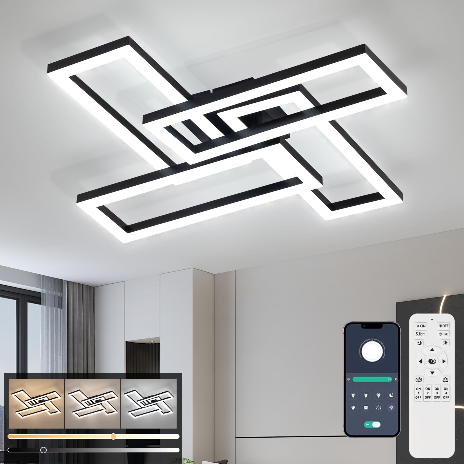 Lampa sufitowa LED, ściemniana, 56 W, 66 cm, czarna, nowoczesna lampa do salonu z pilotem zdalnego sterowania, 3000-6500 K, 4-kwadratowa lampa do sypialni, oświetlenie sufitowe LED, do biura