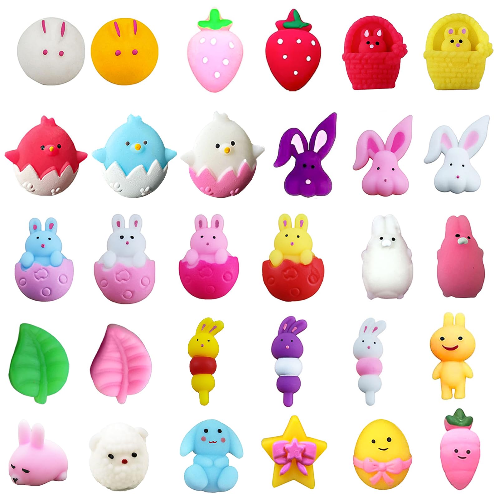 30P Mochi Squishy Toys, Mini Kawaii Moji Squishies, Mojis Fidget Toys - Cute Squeeze Soft Toys with Eggs, Rabbits, Bunnies - Easter Treats, Class Prizes, Goody Bag Fillers