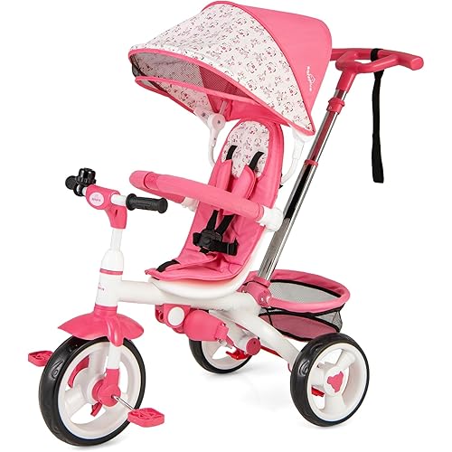 Costzon Tricycle for Toddlers, 6 in 1 Trike w/Parent Handle, Adjustable Canopy, Storage, Safety Harness & Wheel Brakes, Baby Push Tricycle Stroller for Kids Boys Girls Aged 9 Month-5 Years Old, Pink
