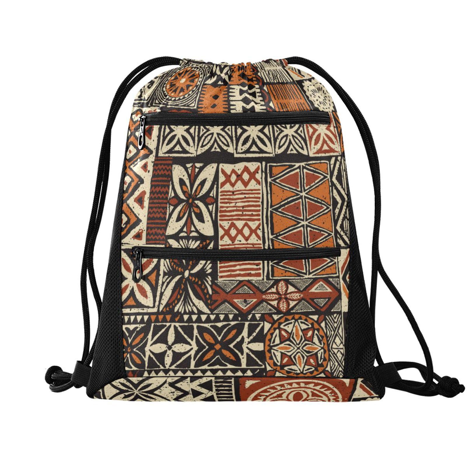 FRODOTGV Hawaiian Style Tapa Tribal Patchwork Vintage String Bag Drawstring Backpack Outdoor Sackpack Sports Swim Bag