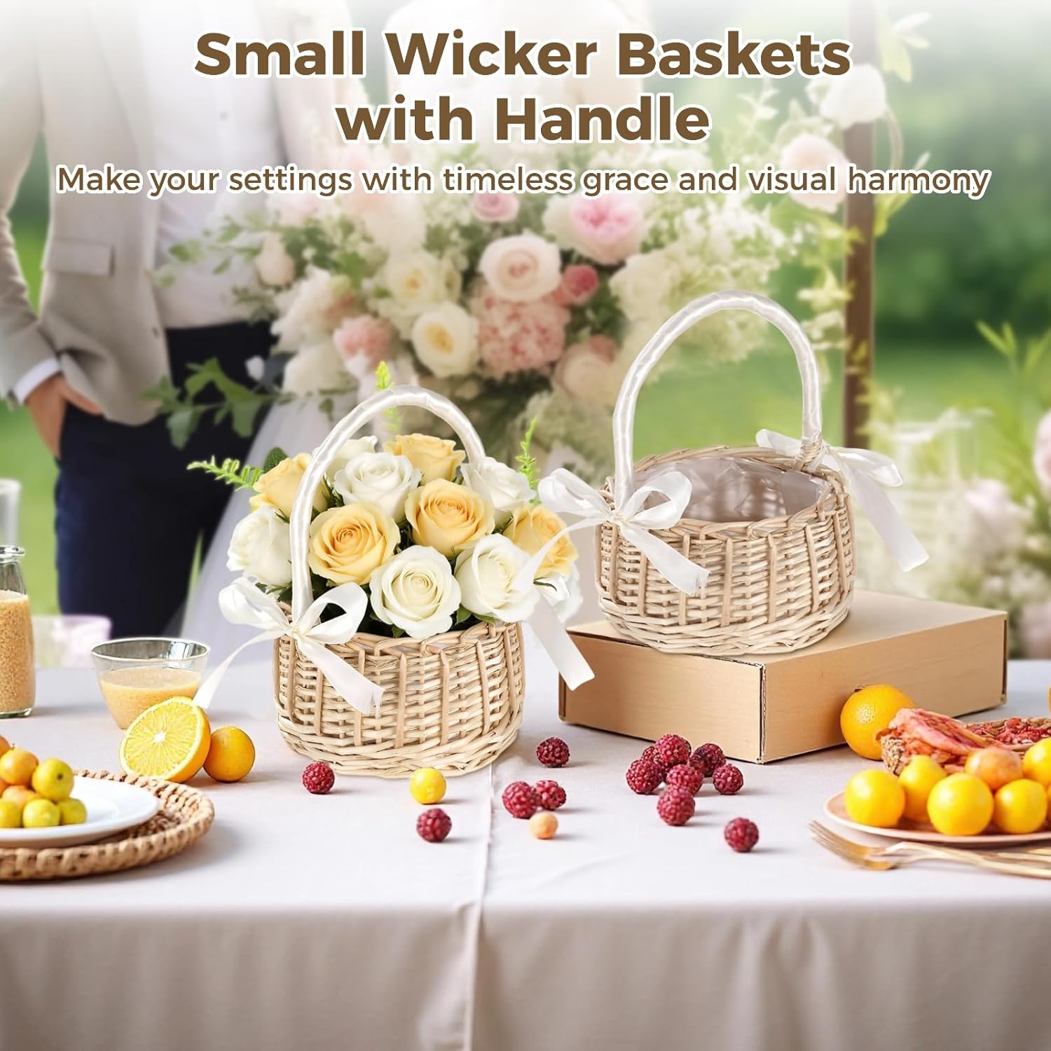 2 Pcs Rattan Flower Girl Basket Set, Wicker Baskets with Handle, Multi-Use for Weddings, Parties, Home Decor, 6.1 X 3.9 X 8.1 in
