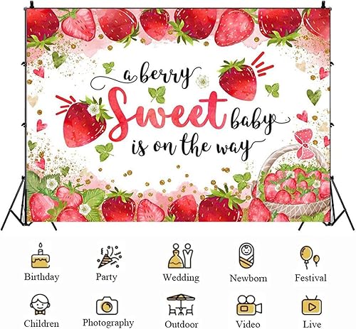 Miniatura 5 de Cartel de decoración de fiesta de cumpleaños con texto en inglés "Strawberry Girl Berry Sweet Baby is on The Way" (7 x 5 pies)
