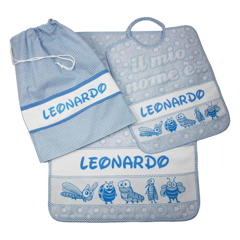 Set Asilo Personalizzato con Nome 3 Pezzi: Bavaglino Spugna 28x33 cm, Asciugamano 40x55 cm, Sacca Personalizzati Cotone 100% Made in Italy