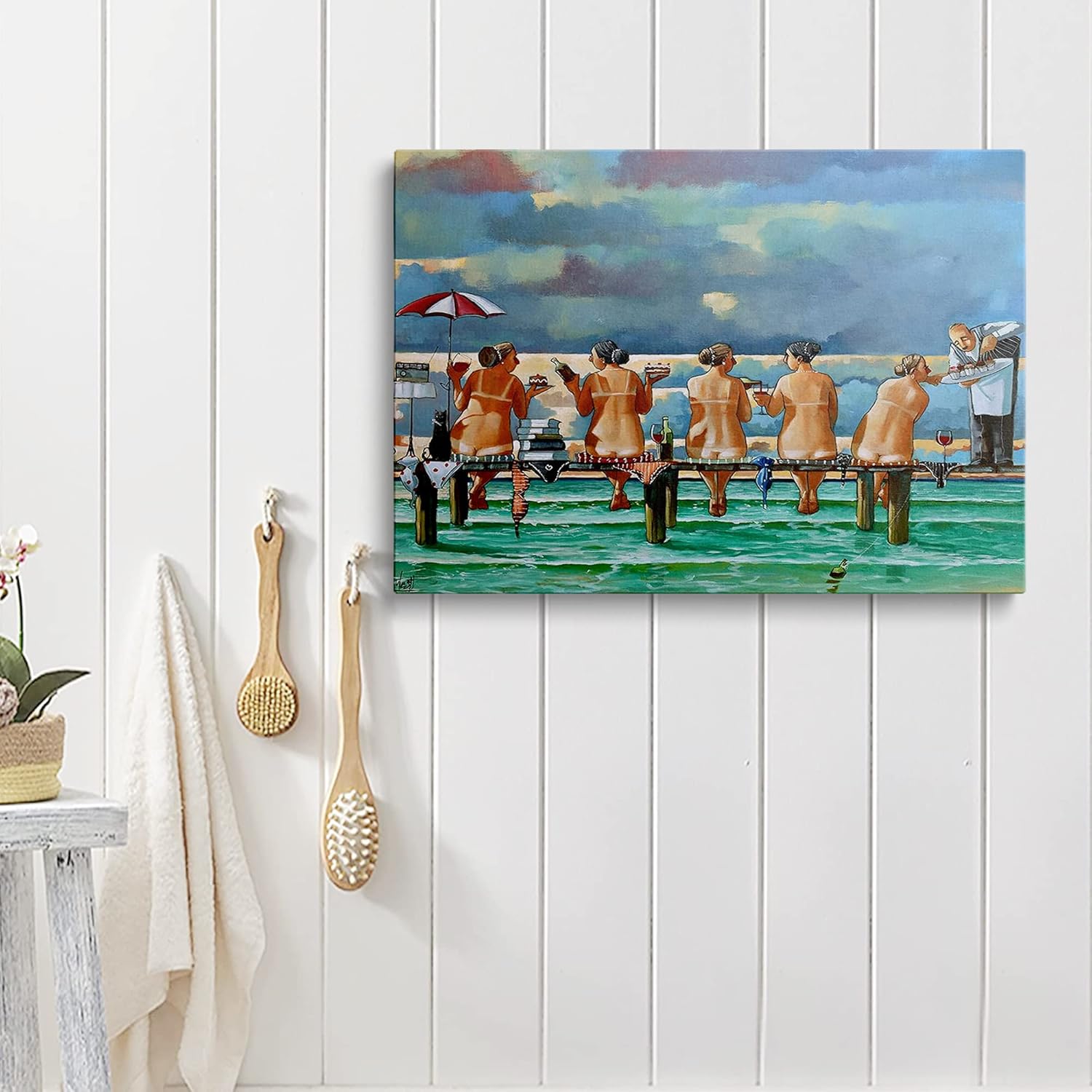 Friends On The Jetty by Ronald West Canvas Wall Art Beach Girls Picture Ocean Seascape Painting Bathroom Beach Decor Blue Sky Beach Beauties Travel Poster Holiday Home Decoration 20"x30"