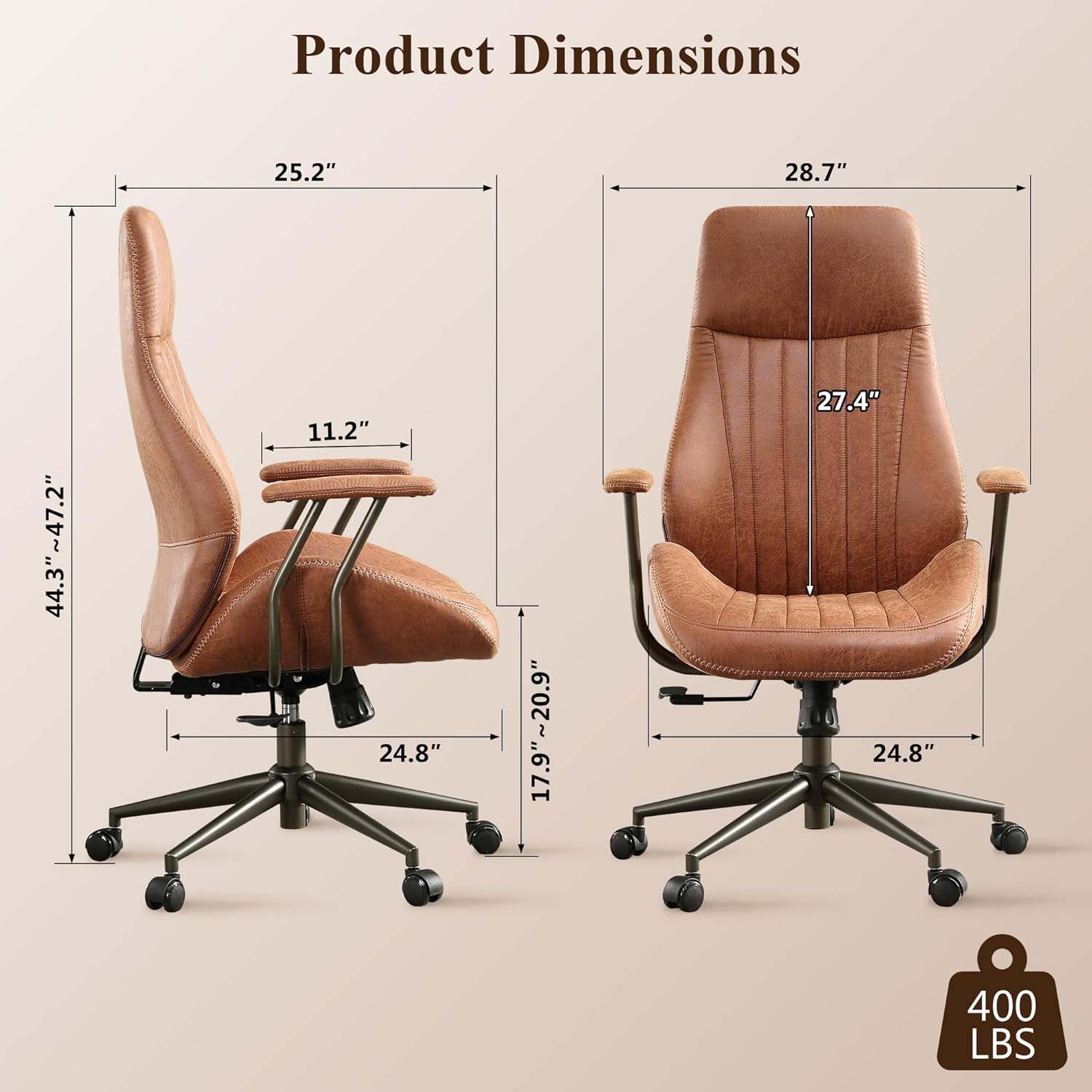 Mid Century Modren Office Chair,High Back Ergonomic Executive Chair with Lumbar Support, Computer Desk Swivel Task Chair with Wheels, Faux Lether Suede Fabric Home Chair (High Back, Brown)