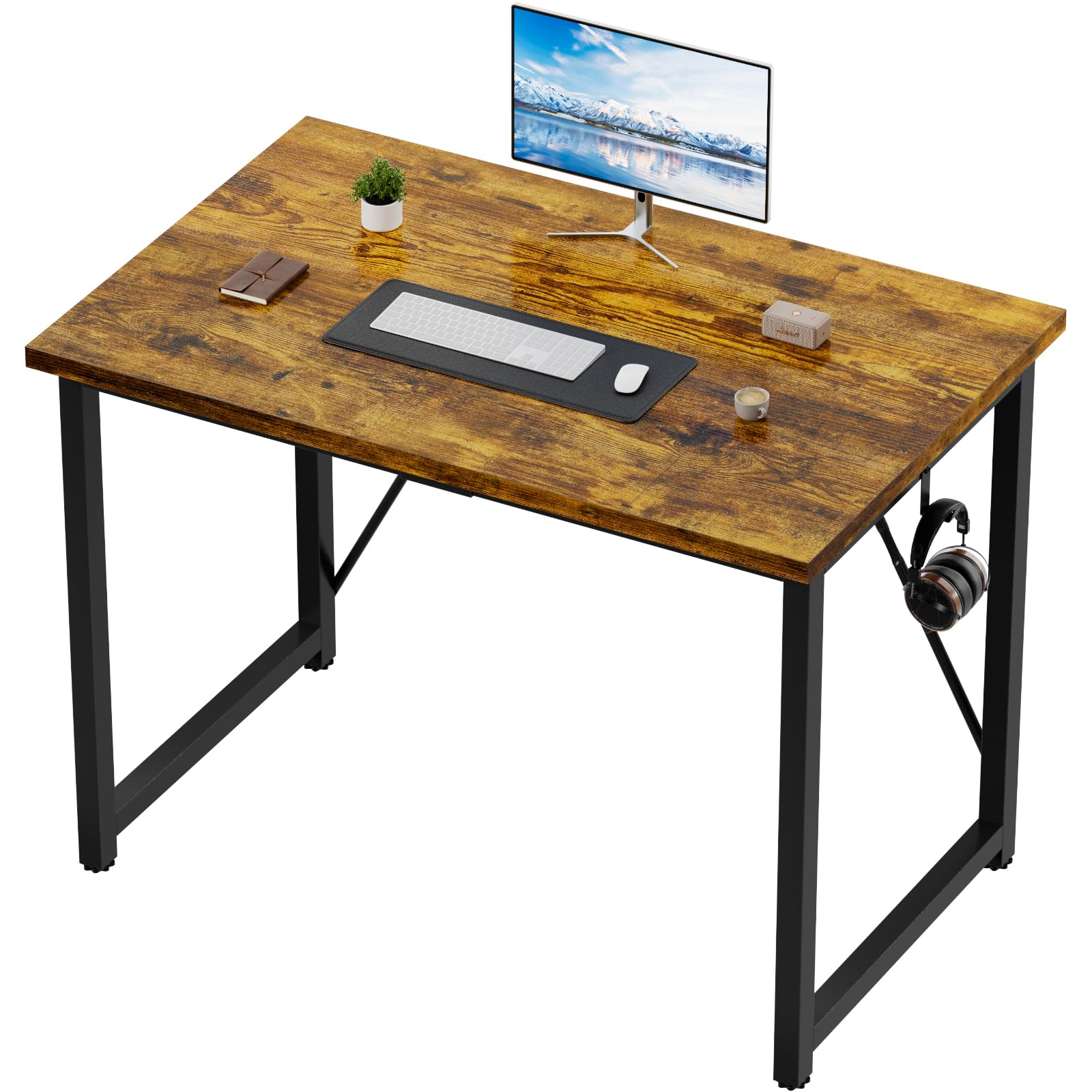 Devoko Computer Desk 100 x 50 x 75 cm, Home Office desk, Study Writing Small Desks, Laptop Table for Home Workstations, Industrial Design Black Desk Metal Frame, Vintage Brown