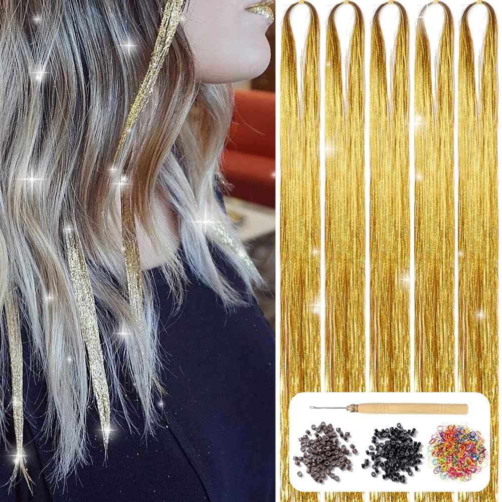 AIFIHIYI Hair Tinsel Kit with Tools 48 Inch 1200 Strands Gold Tinsel Hair Extensions Heat Resistant Fairy Glitter Hair Extensions Tensile Hair