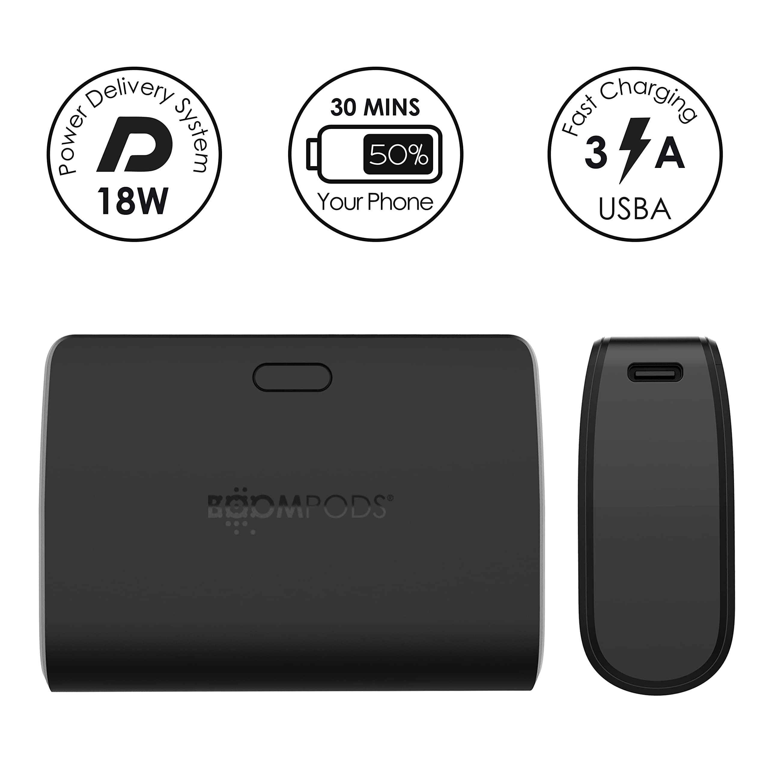 Boompods Powerboom10 Caricabatterie Portatile 10.000mAh - Power Bank di Ricarica Rapida con 2 Porte USB/USB-C, Batteria Esterna Compatta con Display a LED, Viaggia Powerbank per Smartphone e Tablet
