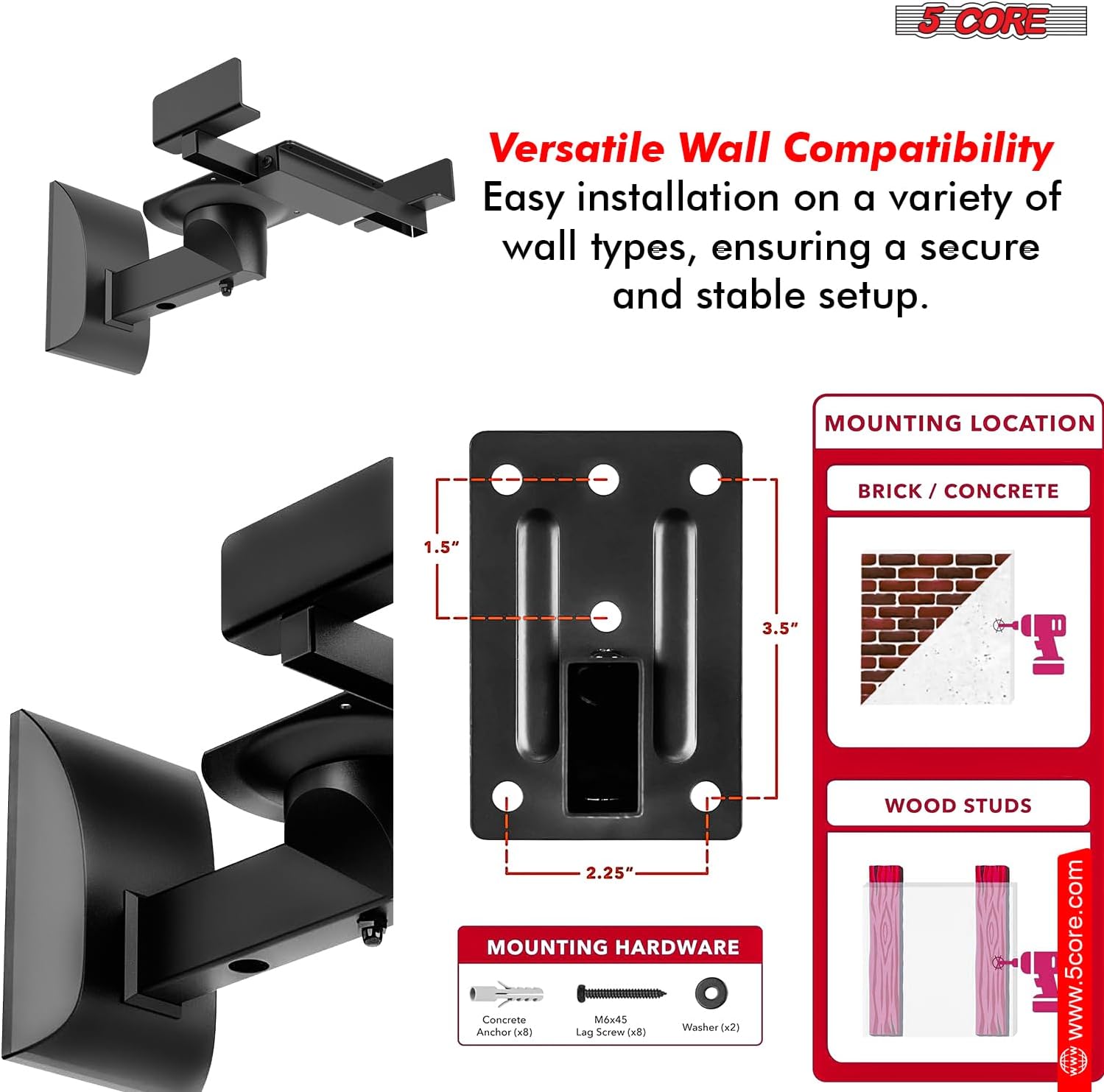 5 CORE Speaker Wall Mount Pair Adjustable Universal Heavy Duty Bookshelf Mounting Brackets for Large or Small Speakers 180° Swivel 50 Lbs Capacity - WST 04-15 Pair