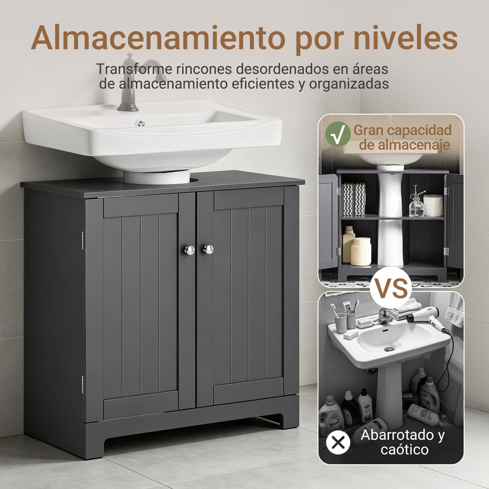 SoBuy Mueble bajo Lavabo con Corte para Sifón 60x29x60 cm Gris Oscuro | Armario Baño con Puertas y Balda Ajustable– Mueble Baño Lavabo Auxiliar en MDF, BZR18-II-DG