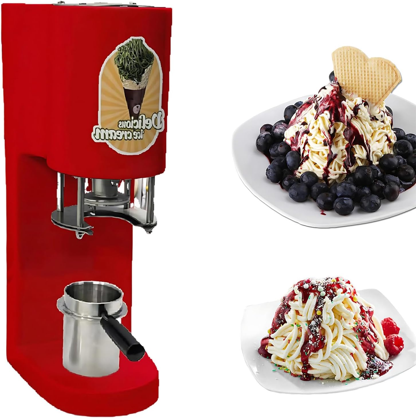 Commerical Spaghetti Ice Cream Maker, Ice Cream Noodle Shape Making Machine, 4 Interchangeable Molds, for Ice Cream Store, Bars, Cafes, Restaurant, Snack Bar Red